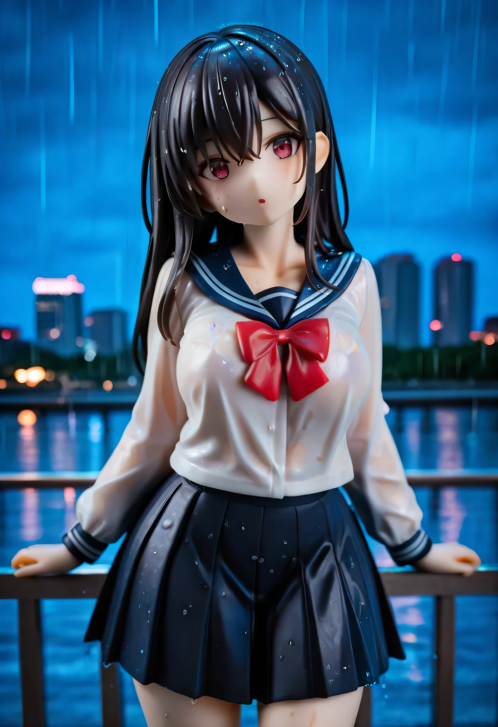 1girl, solo, long hair, skirt, school uniform, rain, wet, night, serafuku, sailor collar, looking at viewer, blurry, outdoors, shirt, red bow, bow, wet clothes, black hair, pleated skirt, wet hair, long sleeves, blurry background, head tilt, bowtie, hair between eyes, red bowtie, railing, white shirt, blue sailor collar, depth of field, pink eyes, standing, collarbone, open mouth, :o, black skirt, blue skirt, water, city lights, wet shirt, cowboy shot, parted lips,photo background, ,masterpiece, best quality,  absurdres, newest,  very aesthetic, amazing quality,highres,sensitive,