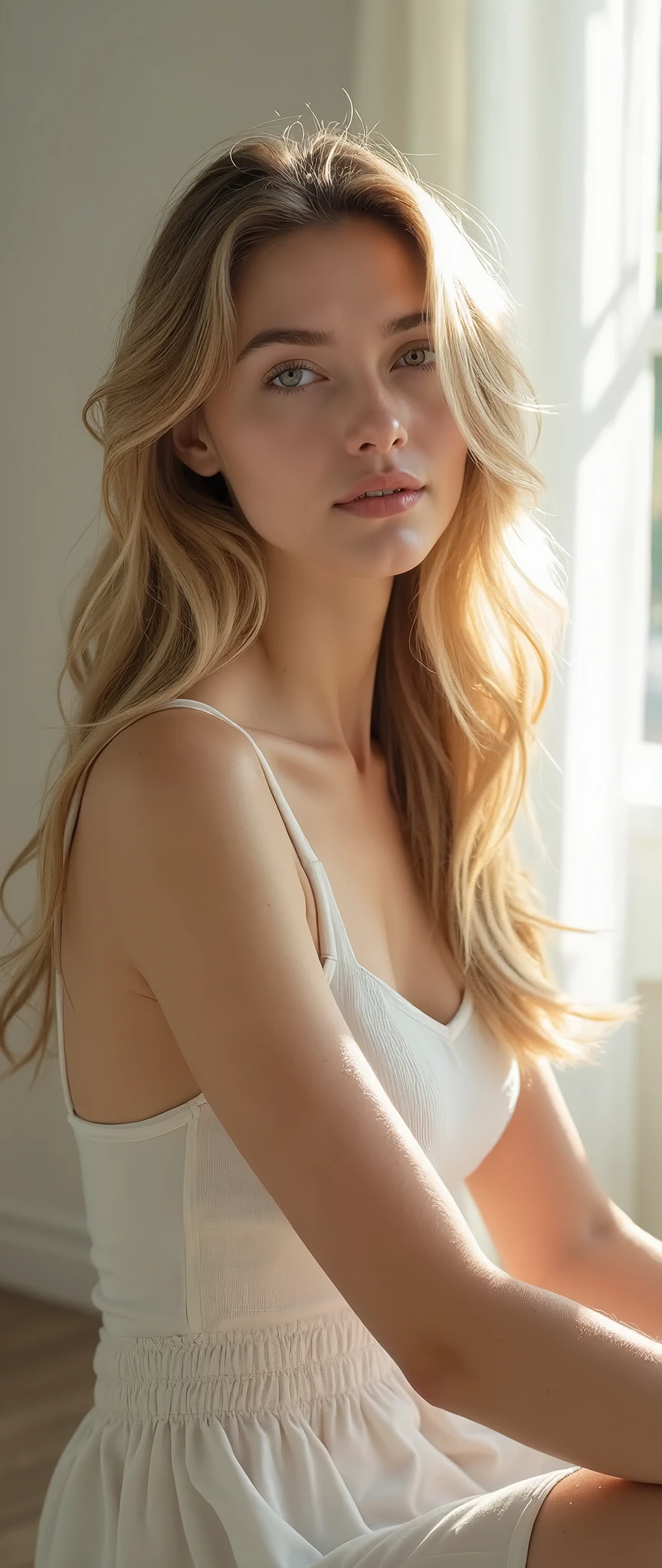 ((Photorealistic, realistic, 8k, best quality, volumetric lighting)), a beautiful woman (long, wavy blonde hair and sunglasses) wearing a white lace lingerie Victoria's Secret, side-view 