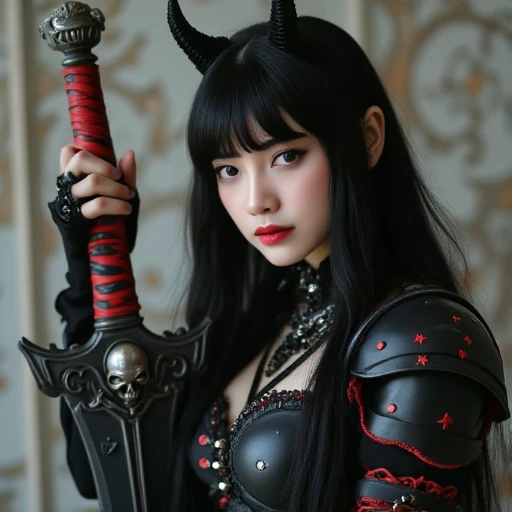 最high quality、high quality、best image quality、8K、最High resolution、High resolution、最high quality、masterpiece、RAW photo、full body photo、realistic atmosphere、(detailed face)、(fine hands、thumb１reference４)、(beauty of japan )、very nice face、beautiful face、((beautiful japanese girl))、(japanese woman), ((18 year old beautiful girl))、(glossy black hair)、(long straight hair)、full body、(beautiful breasts)、slim style、(shiny skin)、(Fair skin)、realistic human skin、realistic human body structure、perfect body， perfect face， perfect hands， perfect fingers， perfect lips， perfect eyes，perfect teeth、perfect background round， beautiful skin，soft natural light、House of Count Dracula, a vampire in medieval Europe、Interior decorated with artwork from the 1690s、 Demon King&#39;s Castle、complex room、Classic interior、((Armor made entirely of bones and skulls(skeleton maid armor))、Cursed Armor、bone mail、Armor that looks like it would be in a role-playing game