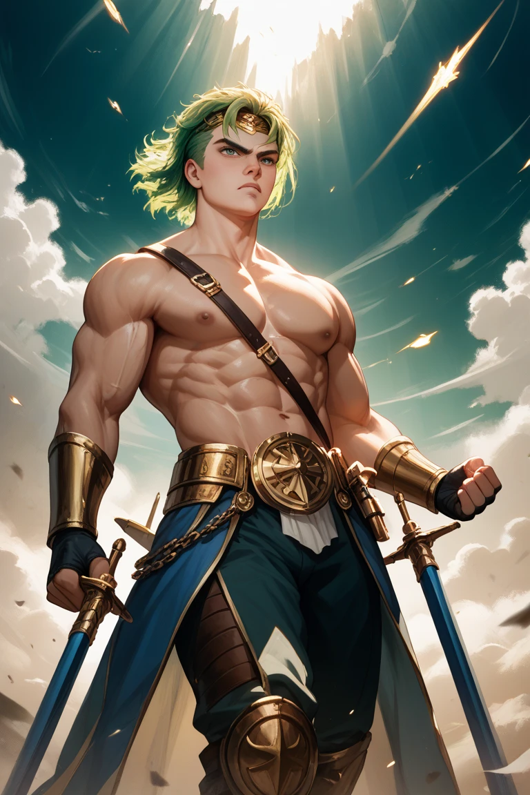 Masterpiece, High quality, anime lineart, 1man, fluffy brown hair, piker face, gray-green-brown eyes, black Shorts, A muscular body, a wheel of dharmas above his head, a spear in his hands, Large body