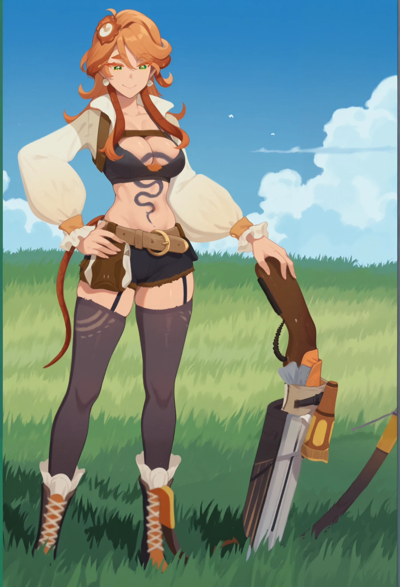 ((masterpiece, best quality)), (1 girl, small breasts), tan marks, dark skin, tan, disgust, from below, standing, hands on hips, upper body, wide shot, red short hair , cat ears, (cloak, glasses, lower milk), (breast harness, muscular, wide hips, thick thighs, navel, thigh strap, leather long pants), boots, ((holding a dagger in the handle, dagger&#39;s Battle posture, outdoors, adventurer, bandit \(final fantasy\) ))), forest, dungeon background, nature, medieval, reflected light, raytracing, delicate background, ((wide shot)) ((detailed face Features)), Shallow Depth of Field, [Volume Fog], Cinematic Lighting, Reflections, 8K Resolution, Subtle, Absurd, Realism, Absurd, High Detail, (Ray Tracing), High Resolution, Ultra Detail, Physics Base Rendering, Surreal, Natural Light, (Highly Detailed CG 8K Wallpaper), (Very Delicate and Beautiful), (Masterpiece), (Highest Quality: 1.0), (Ultra High Resolution: 1.0), Beautiful Lighting, Realistic Shadows, [HiRes], Detailed Skin, Super Detailed, (Realistic, Photorealistic: 1.4)