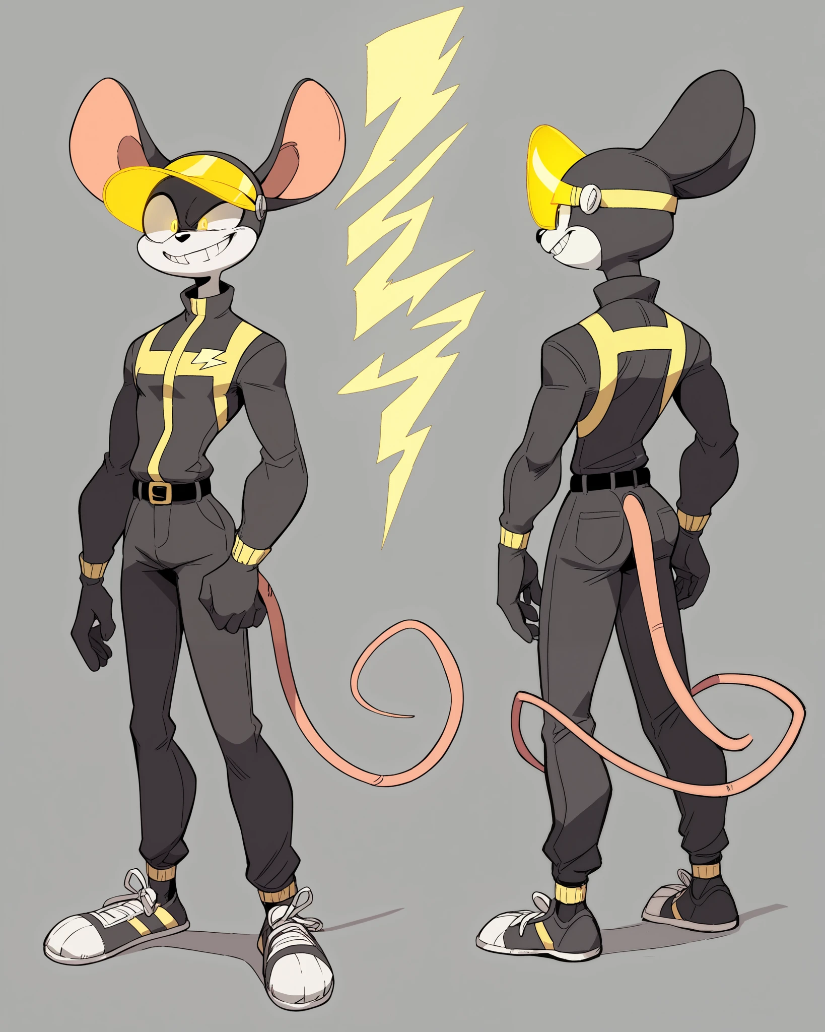 A full body view of Electrolyzer the male anthro mouse wears a new helmet, which is blue, with a Transparent Yellow visor and lightning bolts. His face is White and features big, pale eyes, with a wide zigzag grin. His torso is Bright Blue and features Bright Yellow belts crossed in his jumpsuit, connecting to a gray buckle with a danger symbol on it. His torso also features pockets and a black belt with electrodes on it. His legs are also Bright Blue and feature a similar pattern with his torso, including the yellow belts at the upper legs. His head can glow in the dark, to simulate glowing from electric energy.
Electric voltage background. The character sheet contains information about his species, level, health, and other attributes., tiny toons style, by diives,