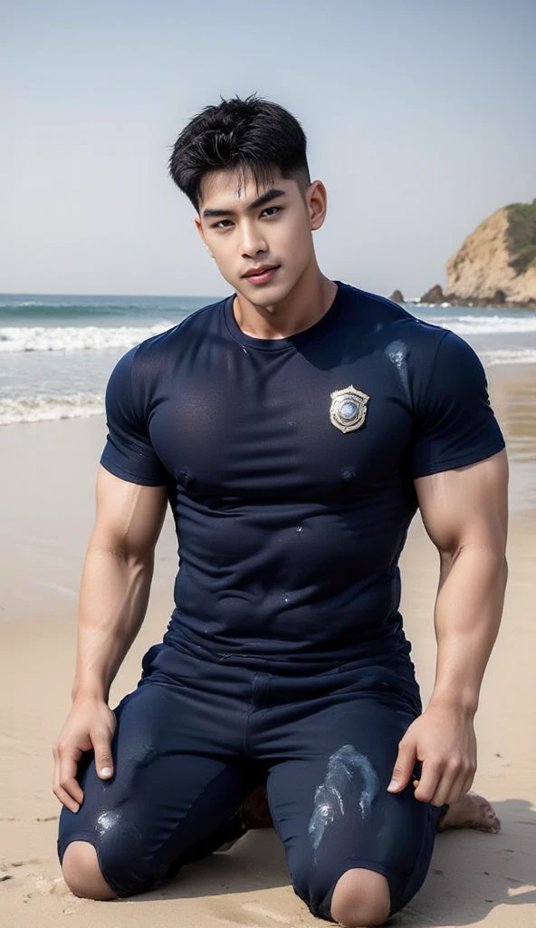 pov, 1man, topless muscular maleï¼barefoot,stand at beach with black tights underwear,