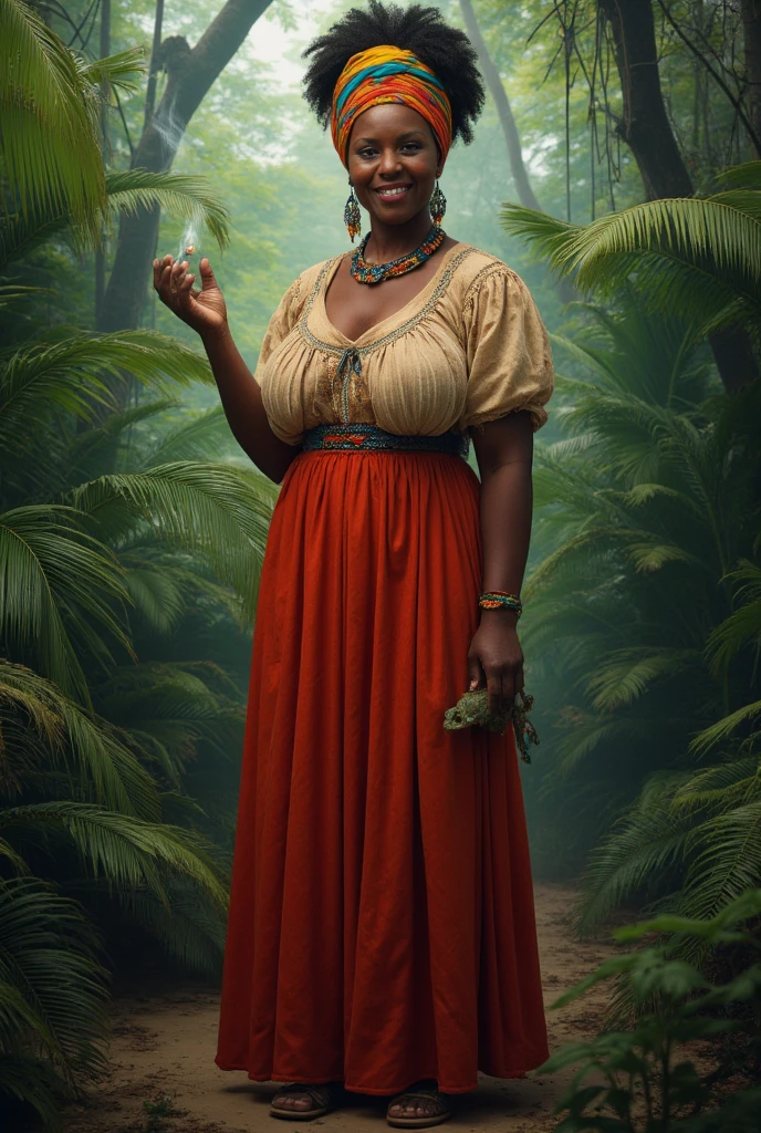 Create a realistic full body drawing of a tall black woman inspired by Maria Felipa, with a rustic and striking face, reflecting your experience and determination. She must have a corpulent body, and sagacious with strong characteristics that demonstrate her imposingness and courage as a warrior in the Battle of July 2nd in Bahia. The woman must be wearing simple leather slippers, wearing a simple linen smock-style dress, that fits his robust body and turban on his head. In one hand, she holds tightly a plant branch, symbolizing their connection to the land and their leadership. The image must show her full body, from head to toe, capturing the determined expression on his face, the strength in your posture, and all the details of her clothes and the branch she carries.