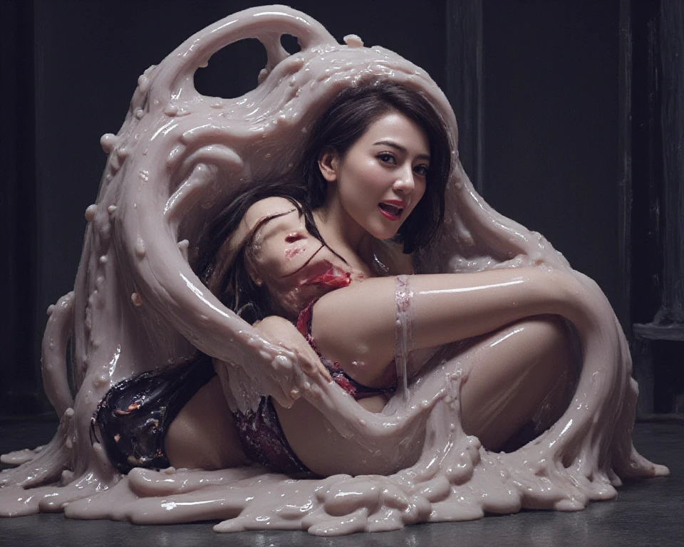 There was a girl sitting on the bed,The whole body is wrapped, breathing is difficult, the lower body is into the draining liquid, and there are mouth balls inmouth,The masturbation htly wrapped in the face