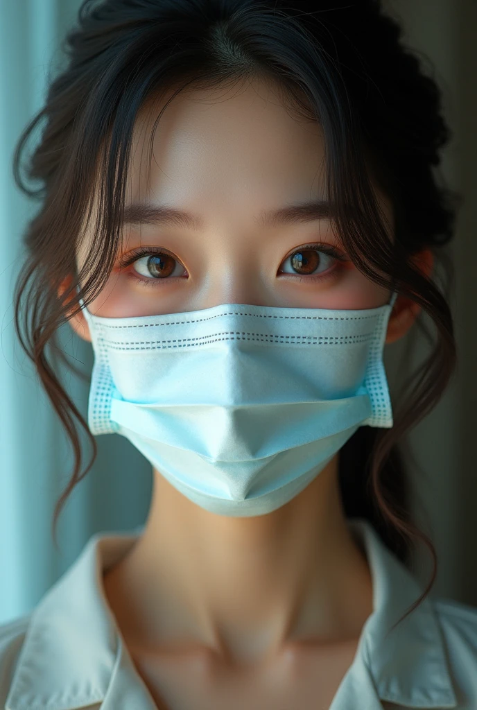 cute masked japanese girl with bang hair putting on surgical mask for opposite person POV. Photo realism