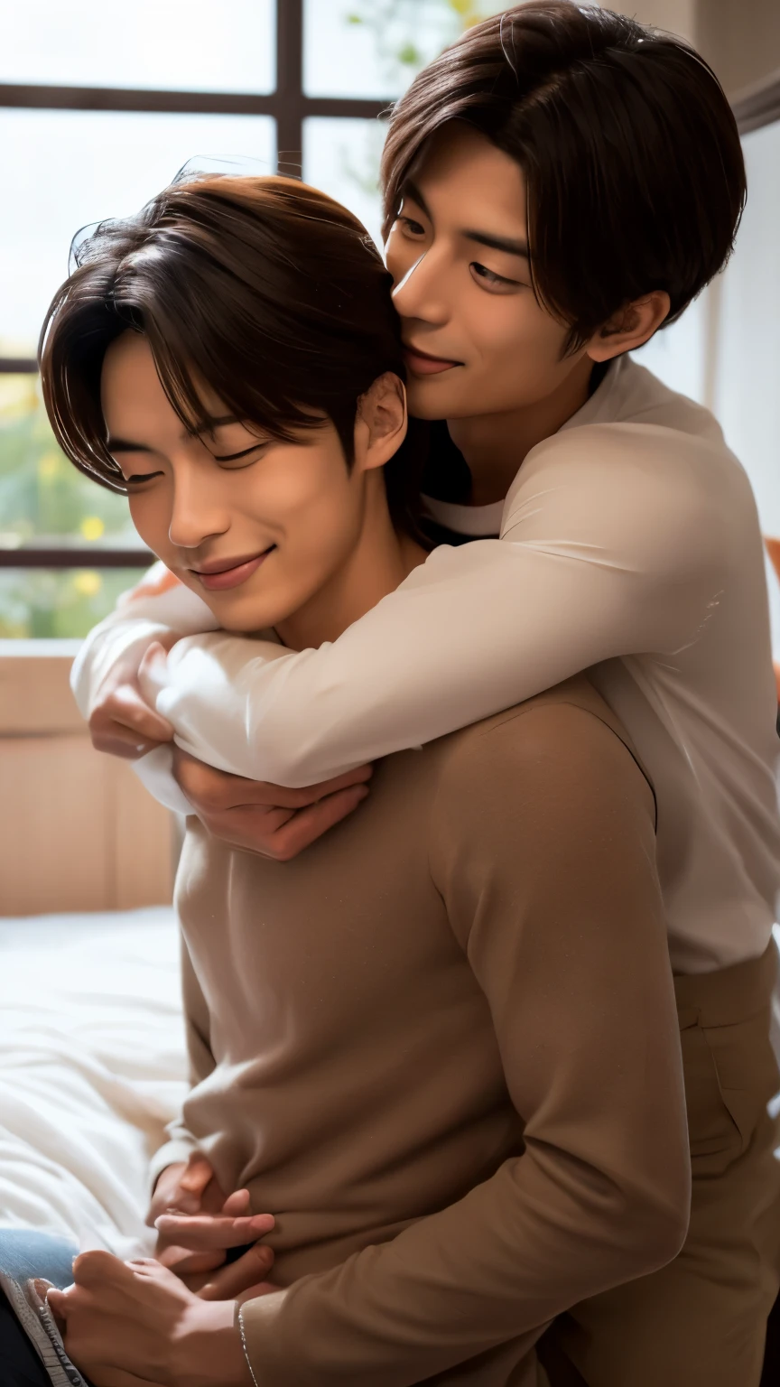 Highly detailed, photorealistic. A Japanese male couple. The black-haired man is embracing the brown-haired man from behind on the bed. The black-haired man has his face buried in the brown-haired man's shoulder, exuding a gentle yet passionate aura. The brown-haired man is blushing, has his eyes closed, and looks both happy and confused. The background is simple, emphasizing the intimate atmosphere.