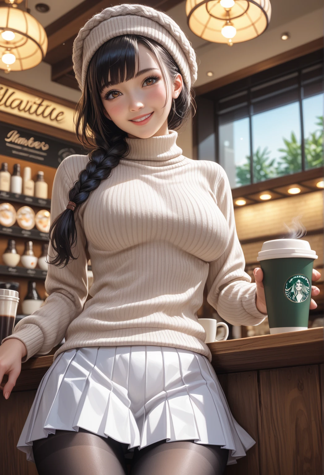 A beautiful woman, detailed eyes, Messy dark hair, during, He is wearing an oversized black t-shirt, some shorts, Starbucks, front view, blush, posing, perfect hands, good anatomy, curvy