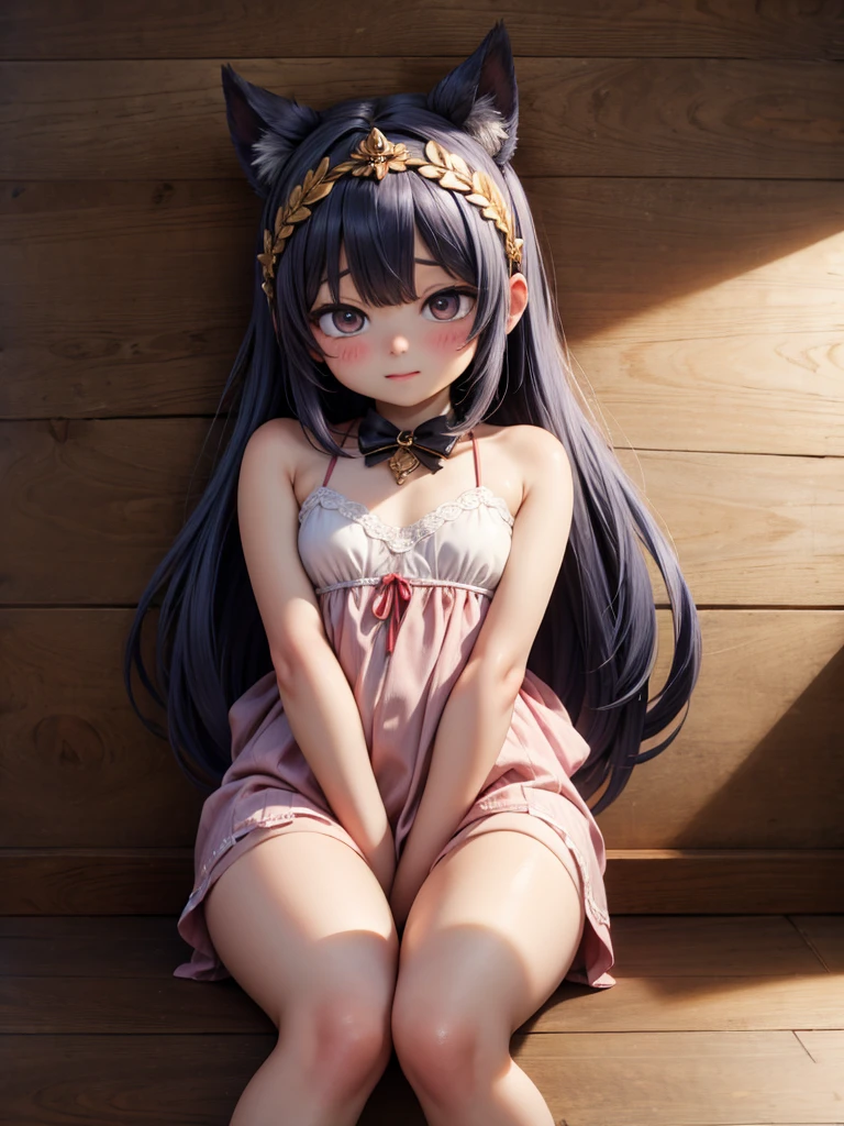 ((Masterpiece)), ((best quality)), (Anime:1.5), (RAW photo:1.2),(High Definition:1.3), (Professional Photography:1.2), (()), cinematic lighting, Beautiful diamond eyes, (Unruly hair), pale brown hair,stooped posture, Forward leaning posture, (slightly exposed small chest), (badly tattered and torn camisole), (dirty white camisole), cute Boxer pants, Slender body, small breast, open mouth, double teeth, (Very naughty smile), Textured skin, cat ears, Cute Beautiful girl, teenage , BR ((best quality)), (crouching on concrete alley), slum townscape,