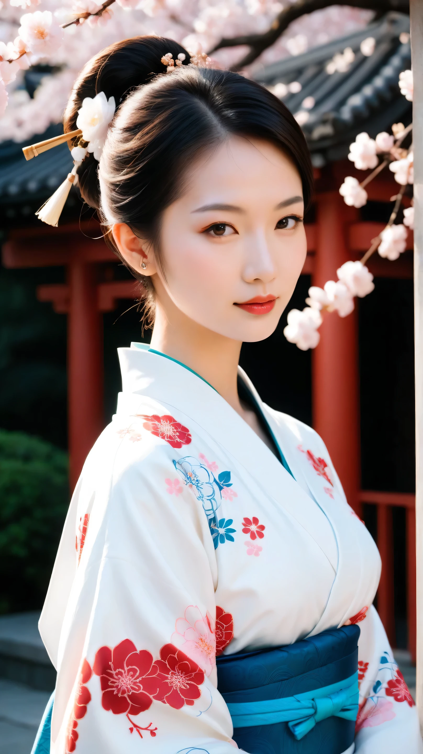 A dignified woman wearing a kimono and holding it at an angle