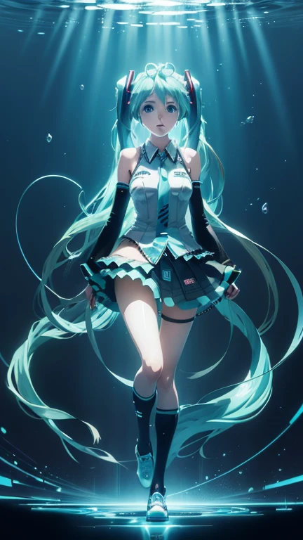 (One lady)、(​masterpiece)、(best qualtiy)、(ultra-detailliert)、(a high chroma)、(CG Illustration)、highcontrast、((low angles))、VOCALOID、((miku hatsune))、(Fine and beautiful eyes)、Delicate beautiful face、((dishevled hair))、(( Full body cyborg))、(Full metal body)、((B cup breasts))、((teats)) 、The best lighting、spread legswide、Float inside、simple background