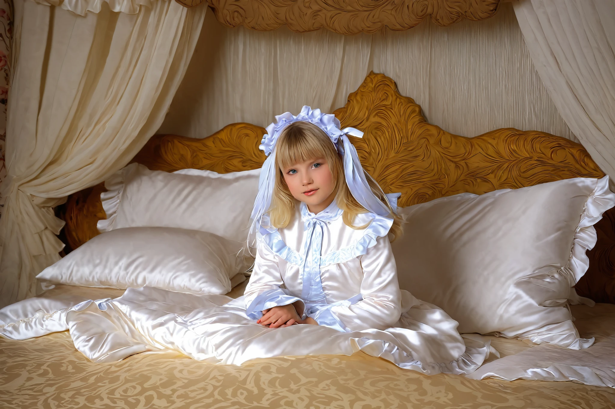 A young girl on the bed,(((short body height:1.2))),((( russian girl:1.2)))),(((cute baby facelond ling hear,white plump quilted silk satin nightgown with frills and ribbons,long skirt,long sleeves,frilled sleeves,frilled head dress,a bed with a mountain of silk satin pillows,(((retro canopy bed:1.0))),(((king size bed))),((more big bed:1.2)),((lot of frilled pillows)),more pillows, A plump qulited silk satin devet,ruffles lace silk.retro white pipe bed frame, A large silk satin ruffled duvet covers the entire bed,