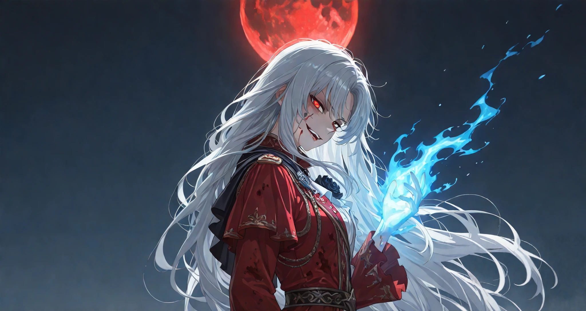 (upper body shot, close up shot, solo:1.7),magic circle,magic array, detailxl, Anime illustration, detailed anime artstyle, cinematic, volumetric lighting, clear sky, evening, cold light, colorful, light reflection, (head tilt, looking over her shoulder, teasing, lidded eyes, flirty, romantic, princess clothes, french, musketeer, royalty, manwha, sultry, (standing, dynamic pose:1.1):1.5), (glaring at viewer, side eye side profile, from the side, looking up, head tilted upwards:1.6), fotoshoot, model, (1girl:0.98), young, adolescent, detailed skin, extremely detailed eyes, dynamic pose, crimson eyes, glowing eyes, (very long hair, (messy hair, wild hair:1.44), hair in front of eye:1.2), flower brooch in her hair, auralora cosmic flowers, aura flowers, crazy eyes, soft smirk, black flower, blue glow, blue aura, moon, lunar power, open mouth, (white hair, gray hair, shining hair:1.3), walking, crazy smile, crazy laugh, (tsurime:1.3), (white ornate french dress:1.1), asymmetrical epaulette, capelet, ornate dress, assassin's creed, assassin armor, assassin, carapace armour, black trimming, black highlights, (reaper, demonic clothes:1.1), (casting blood magic, blood mage:1.7), red moon, blood bath