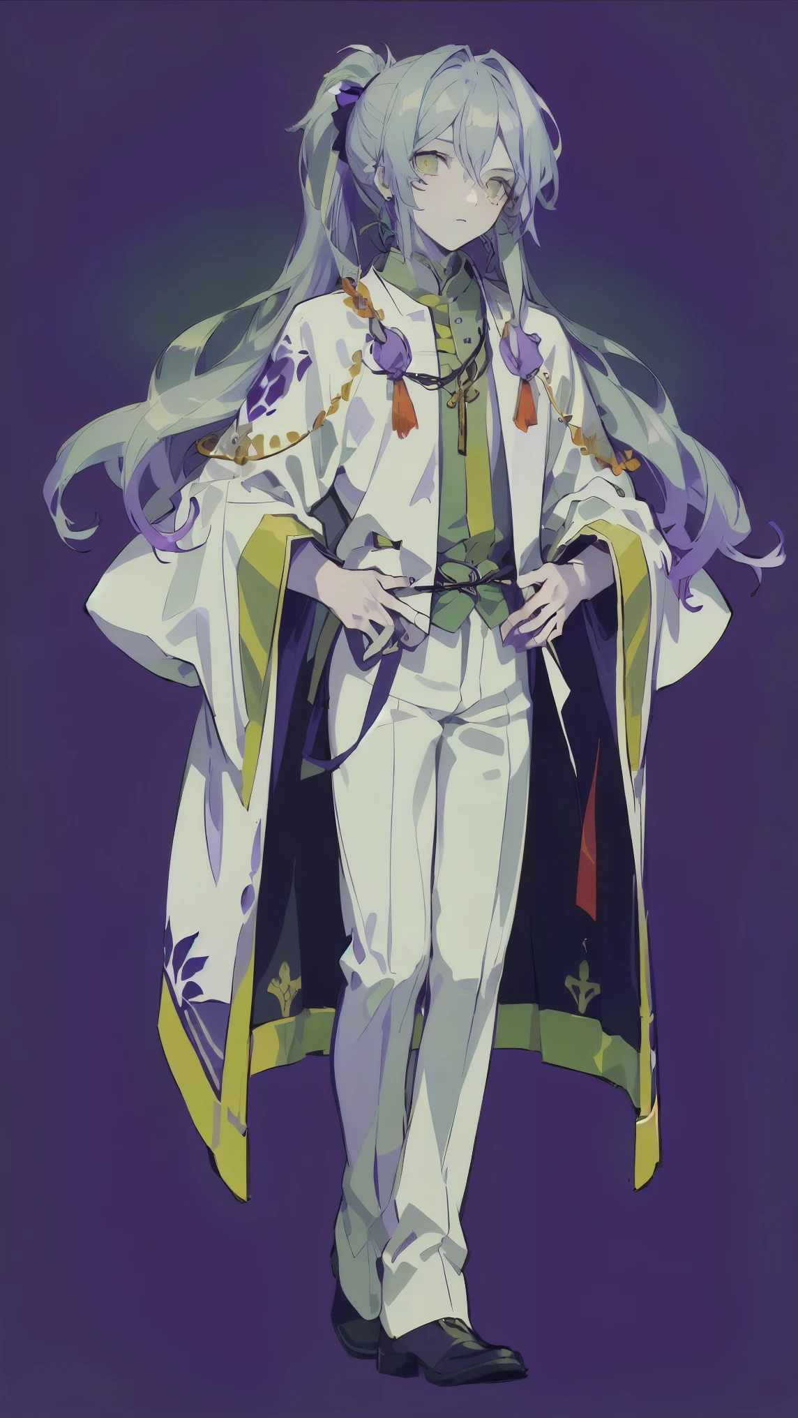 Masterpiece, perfect face, ultra high-quality, highest quality, one young male character, long hair, ponytail , hair reaching down to her feet, anime-style, purple hair hair, (((lilac hair hair:1.5))), green eyes, (((green eyes:1.5))), bangs, pure white skin, original character, intricate design, unique design, sacred image, shrine priest, droopy eyes, long eyelashes, (((handsome and beautiful boy-like appearance:1.8))), skinny, slightly starving, full-body drawing, commission, potential adoption, sacred outfit, full-body, background , ((priest robe:1.3)), ((elegant tailored suit:1.3)), ((loose male-style clothing:1.5)), all white outfit , white background, full-body, all decorations are white or silver, ((androgynous and elegant appearance:1.5)), green eyes, slender hands, skeleton, pure white outfit, unnaturally pale skin, pure white skin, white skin color, priest , sacred, (((purple hair hair:1.5))), (((green eyes:1.5))), (((white background:1.5))) , human only