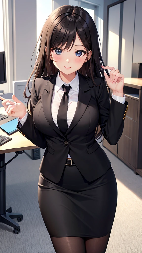 (best quality:1.1), (Masterpiece:1.2), High quality shadow, beautiful details, Beautiful face, Detailed eyes, depth of field, high resolution, best shadow, best light, 1 girl, see the audience, black hair, smooth, blunt, long hair, pink eyes, shy, big breasts:1.8, black short skirt, women's shirts, fashion suit jacket, pump, office woman,rift, smile, office background, sexy woman, Smooth posture hundred