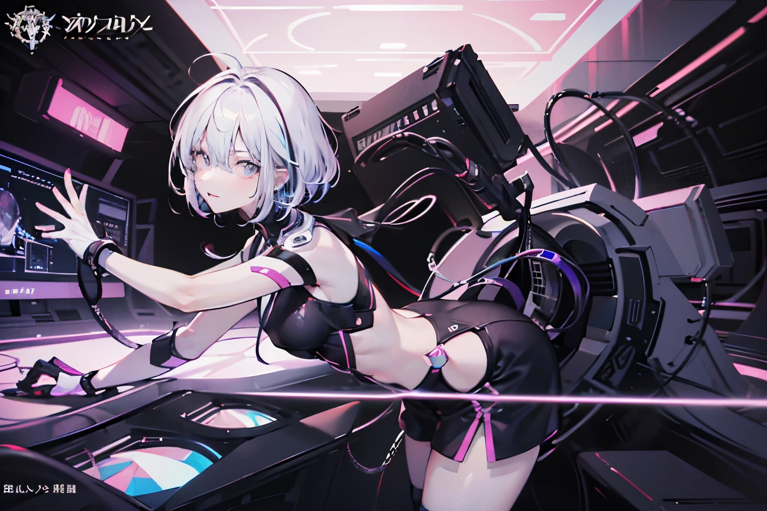 Broken clothes,There are mechanical tentacles reaching around the girl ,There are circular vibrators under the genitals