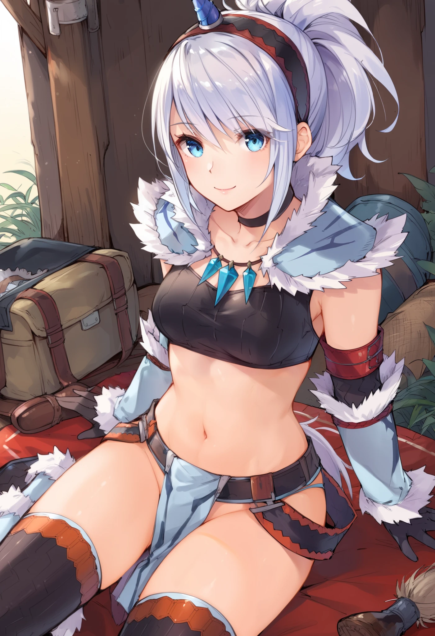 (score_9:0.9),score_8_up,score_7_up,rating_explicit,anime_style,(zPDXL),kirin beta armor,white single horn hairband,white detached sleeves,ung_girl,solo,blue eyes,looking at viewer,sitting,smile,plain_background,medium breasts,,closed mouth,collarbone,black bandeau,white loincloth,white_knee_boots, camp, campdire,black_knee_highs ,white_tubetop,open_legs,(abs:0.7),(white_spiky_hair:1.4),white_chest_armor