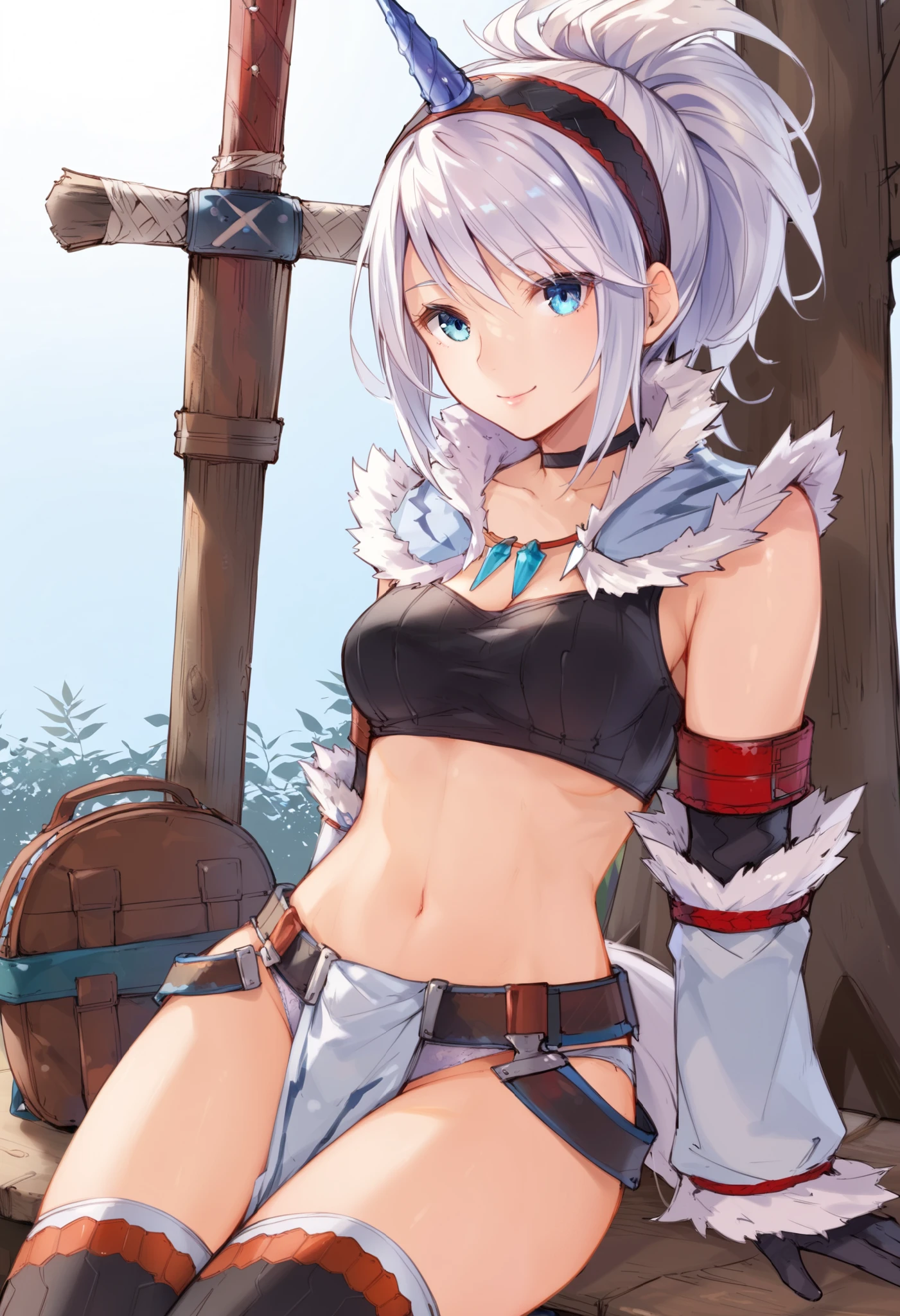 (score_9:0.9),score_8_up,score_7_up,rating_explicit,anime_style,(zPDXL),kirin beta armor,white single horn hairband,white detached sleeves,ung_girl,solo,blue eyes,looking at viewer,sitting,smile,plain_background,medium breasts,,closed mouth,collarbone,black bandeau,white loincloth,white_knee_boots, camp, campdire,black_knee_highs ,white_tubetop,open_legs,(abs:0.7),(white_spiky_hair:1.4),white_chest_armor