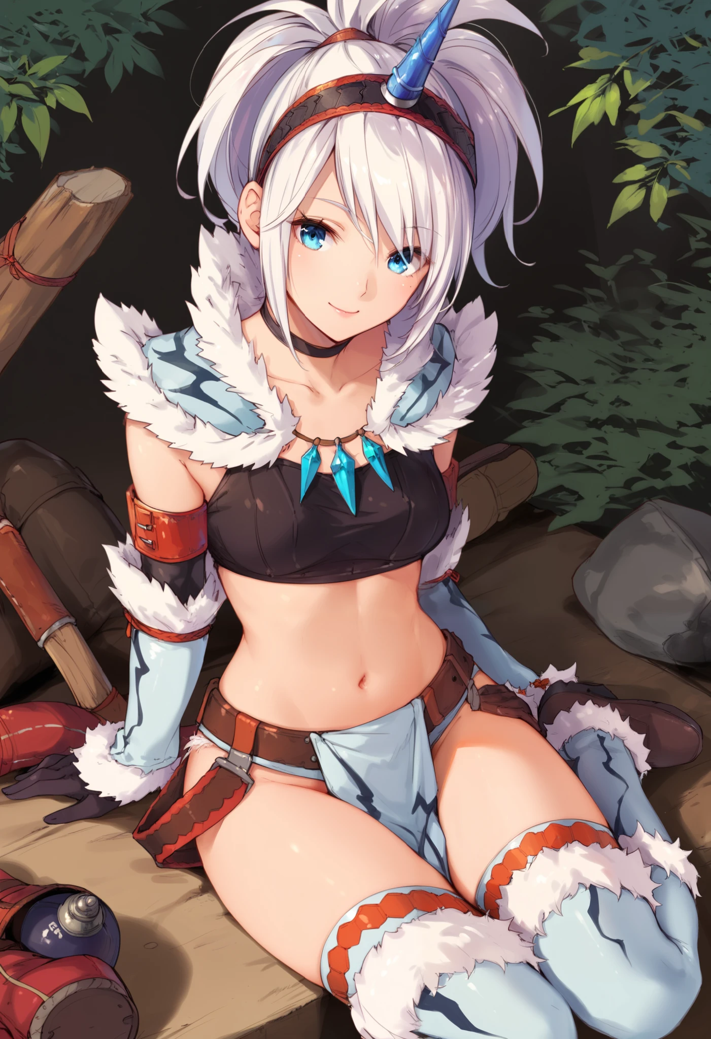 (score_9:0.9),score_8_up,score_7_up,rating_explicit,anime_style,(zPDXL),kirin beta armor,white single horn hairband,white detached sleeves,ung_girl,solo,blue eyes,looking at viewer,sitting,smile,plain_background,medium breasts,,closed mouth,collarbone,black bandeau,white loincloth,white_knee_boots, camp, campdire,black_knee_highs ,white_tubetop,open_legs,(abs:0.7),(white_spiky_hair:1.4),white_chest_armor