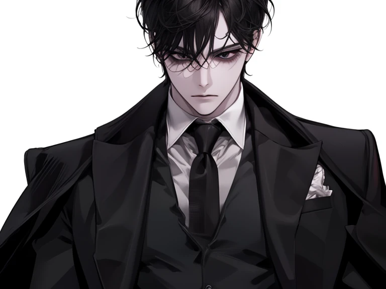 male, solo, adult, pale_skin, fair_skin, muscular, tall,black hair, No decoration, (swept bangs), loose shirt, (simple Three-Piece Suit), black eyes, tsurime, sanpaku, slanted_eyes, formal_dress, long_coat, angry,frown, jitome, (hair_tucking), illustration, upper_body, front view, white_background,