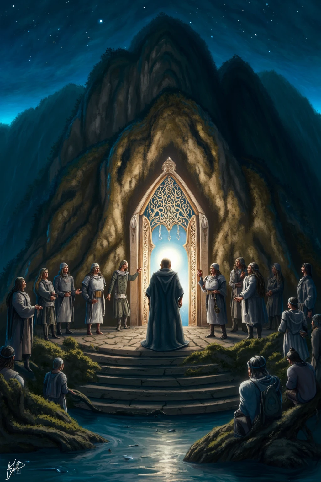 Create a cinematic photorealistic image of an ancient, mystical stone door embedded in a mountainside, glowing with intricate Elven runes as it is activated by the word "Mellon." The door is framed by towering, weathered rock, with faint traces of ivy and moss creeping along its edges. Delicate silver lines form an elaborate design, including a crescent moon, trees, and a crown, all shining with an ethereal light.

Gandalf, cloaked and holding his staff, stands before the door, his face illuminated by the soft glow of the runes. Behind him, the remaining Fellowship of eight companions—including four hobbits—watches intently. Frodo, Sam, Merry, and Pippin stand close together, their expressions a mix of wonder and unease. Aragorn and Boromir remain alert, while Legolas, Gimli, and a wary-looking Gandalf focus on the doorway. The night sky is deep and star-speckled, casting a quiet, mysterious atmosphere. The still water of the nearby lake reflects the door’s luminescence, adding to the scene’s sense of magic and ancient power.