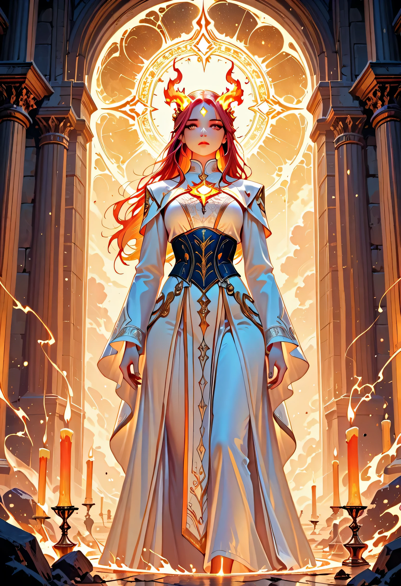 score_9, score_8_up, score_7, high details, best quality, 16k, [best detailed], masterpiece, best quality, (extremely detailed), a view of an priestess looking through a portal onto celestial heaven, there are heavenly clouds, distant stars, nebulas, coming from the portal, the portal glows with magical runes, fiery runes, there are candles the light the room, intricate details, dungeon and dragon, fantasy