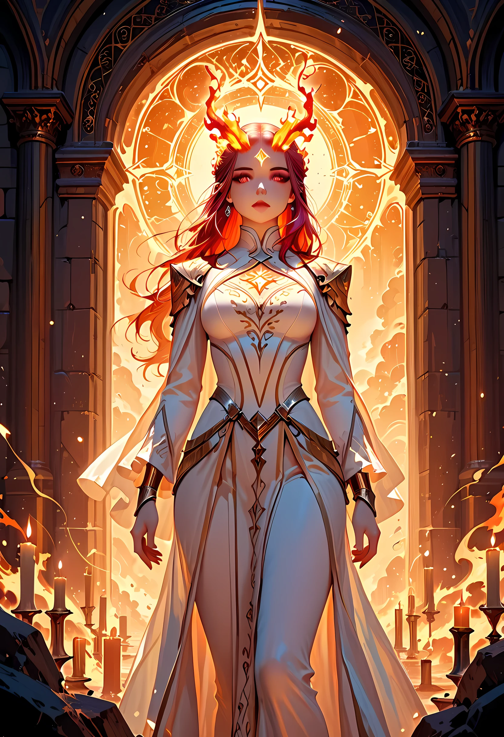 score_9, score_8_up, score_7, high details, best quality, 16k, [best detailed], masterpiece, best quality, (extremely detailed), a view of an priestess looking through a portal onto celestial heaven, there are heavenly clouds, distant stars, nebulas, coming from the portal, the portal glows with magical runes, fiery runes, there are candles the light the room, intricate details, dungeon and dragon, fantasy