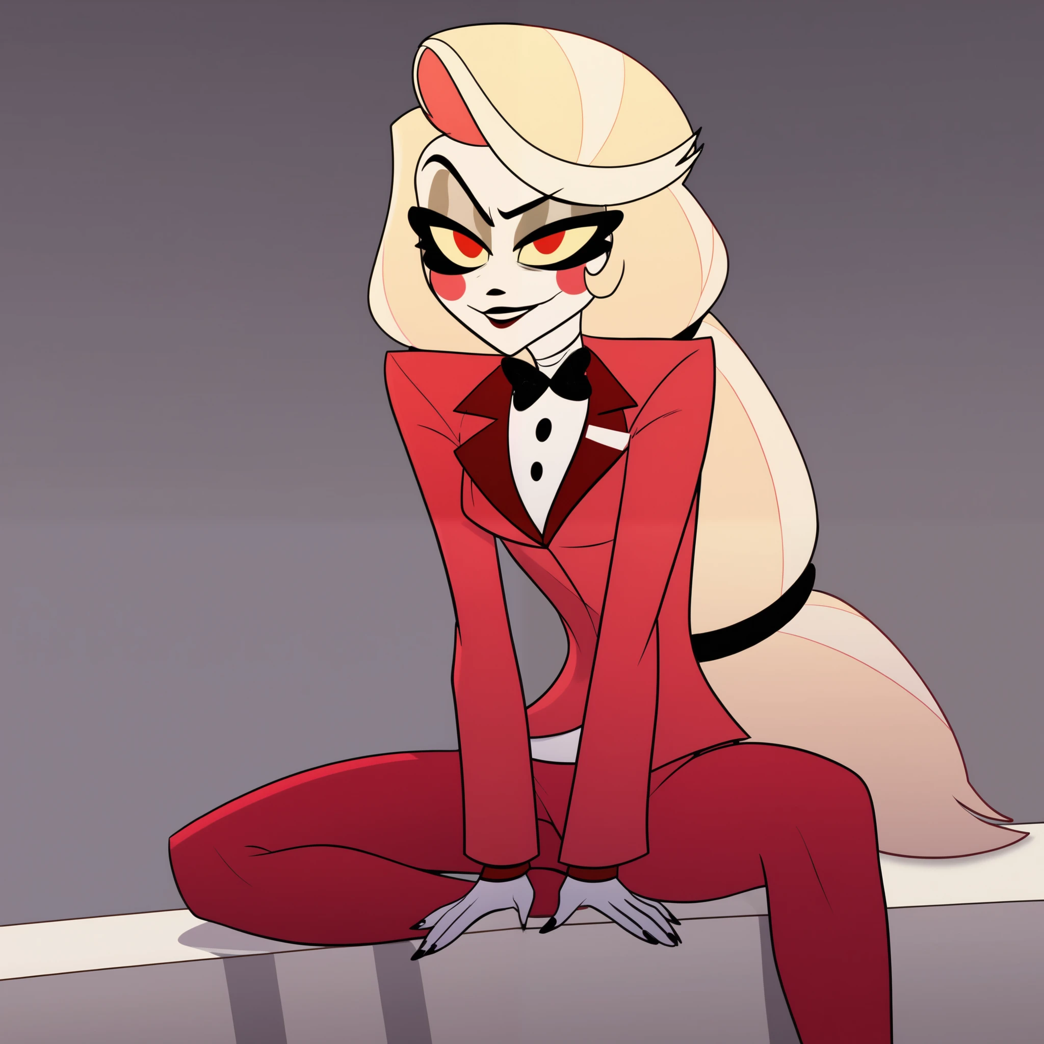 1 girl, One, , hazbin hotel, is focus, is, spread your legs, Charlie Morningstar , red suit, red long pants , sole, doggy style, big