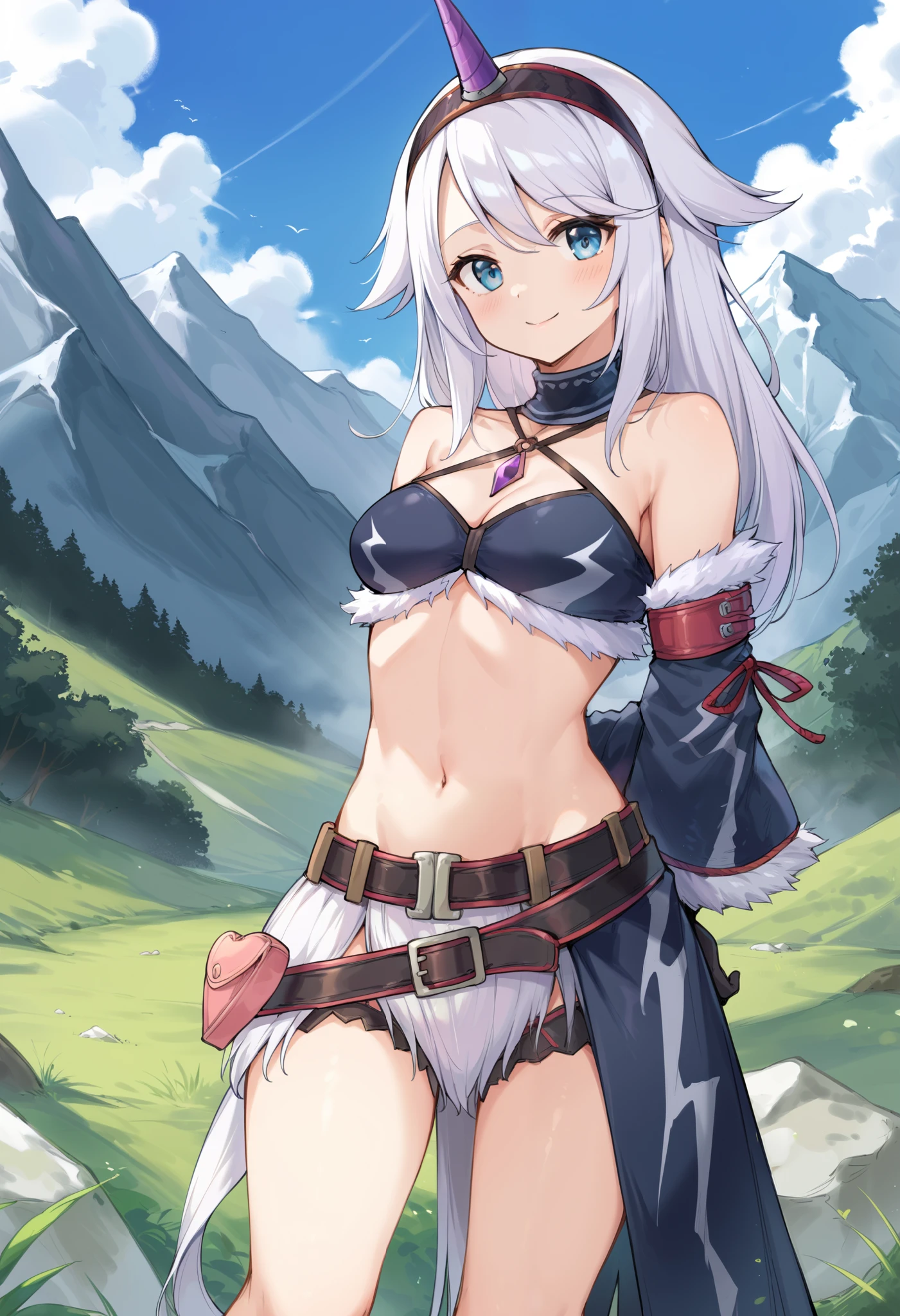 ( score_9:0.9), score_8_up, score_7_up,rating_explicit, anime style,(zPDXL), r armor, purple single horn headband, ung_girl, Alone, long_gloves, black_knee_high , white_long_hair, shaggy_bang,Blue Eyes, under the arm, arms, medium_breasts , black_tubetop,mountain_background,wide_shawl, Detachable_long_Sleeves,(abs:0.6),white_fur_waste_armor,smile,