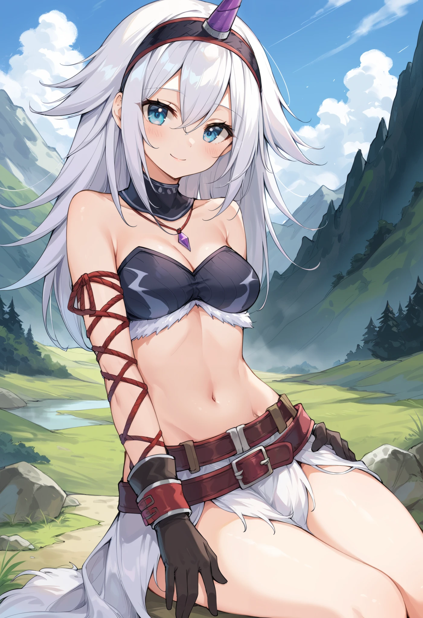 ( score_9:0.9), score_8_up, score_7_up,rating_explicit, anime style,(zPDXL), r armor, purple single horn headband, ung_girl, Alone, long_gloves, black_knee_high , white_long_hair, shaggy_bang,Blue Eyes, under the arm, arms, medium_breasts , black_tubetop,mountain_background,wide_shawl, Detachable_long_Sleeves,(abs:0.6),white_fur_waste_armor,smile,