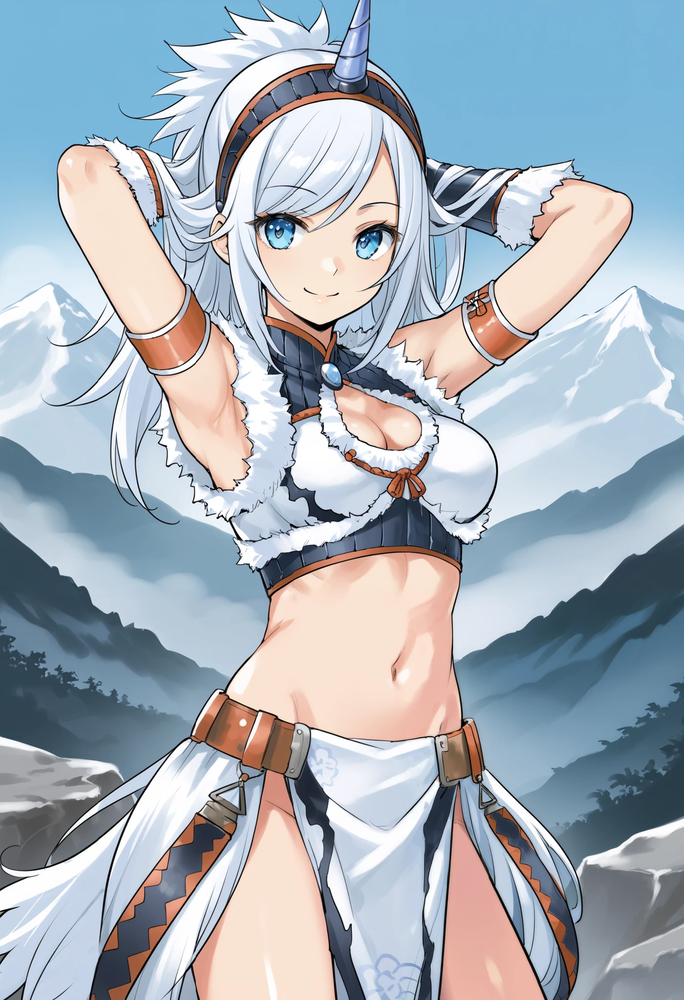 ( score_9:0.9), score_8_up, score_7_up,rating_safe, anime style,(zPDXL), Armor , ung_girl, Alone, purple_horn Hairband, Blue Eyes, , belly button, Chest,medium_breasts, white loincloth, white kimono sleeve , smile, mountain background, monochrome, white bandeau, armpit,raise_arm,(abs:0.6),smile,