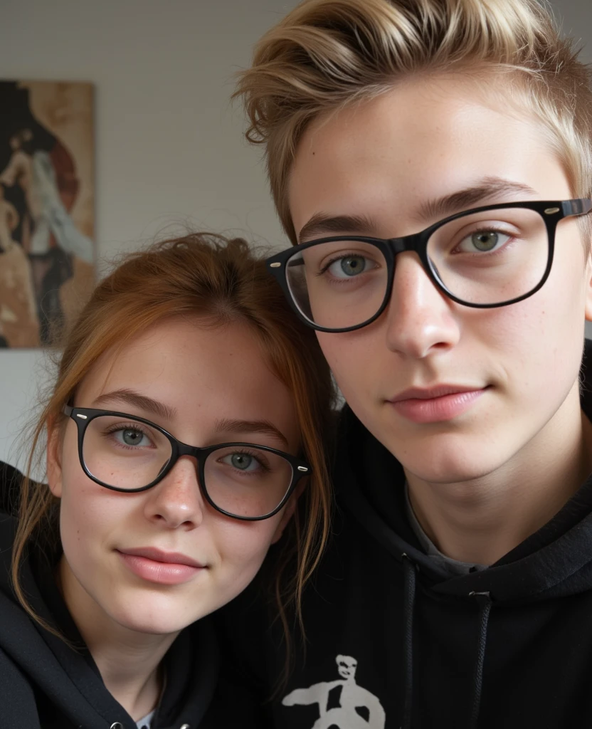 A man wearing glasses sits on the left,A woman with short hair is sitting on the right,Living room environment