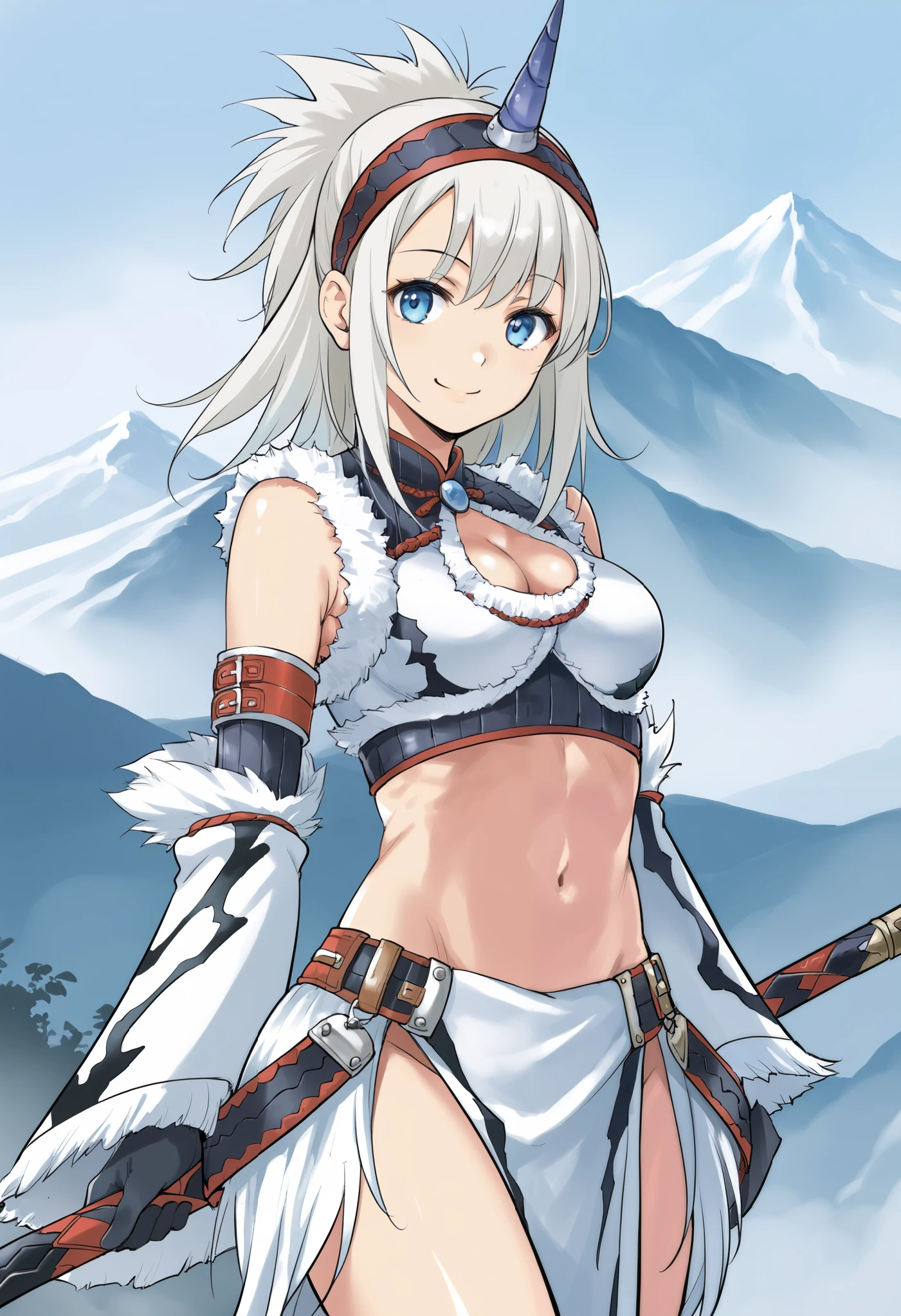 ( score_9:0.9), score_8_up, score_7_up,rating_safe, anime style,(zPDXL), Armor , ung_girl, Alone, purple_horn Hairband, Blue Eyes, , belly button, Chest,medium_breasts, white loincloth, white kimono sleeve , smile, mountain background, monochrome, white bandeau, armpit,raise_arm,(abs:0.6),smile,