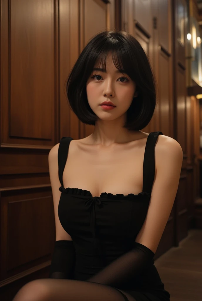casual time, usual time,A young Asian woman with shoulder-length black hair, in a dark-colored top, posing inside an enchanting room filled with hanging square mirrors reflecting warm bokeh lights, capturing a dreamy and ethereal ambiance. The focus is on her clear, delicate features, with soft makeup, and a subtle, introspective expression. The lighting is soft and warm, creating a magical atmosphere
