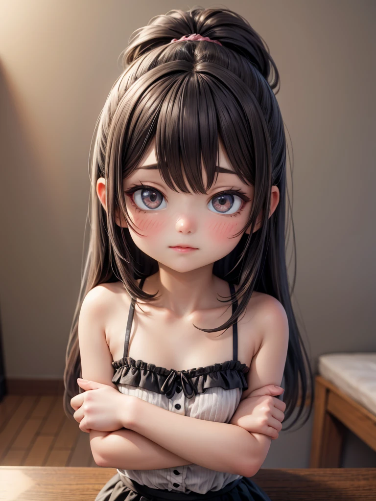 Highest quality、8K quality、A 20-year-old woman hiding her breasts with both hands、Deep U-neck T-shirt、Short skirt、Beautiful thighs、Soft Breasts、Looking up at the photographer、Shooting from the top of the front、Well-groomed, Adult face、Beautiful cleavage、When bending over, Clothes come off、(Skinny body type:1.1), (Flat Chest:1.4),