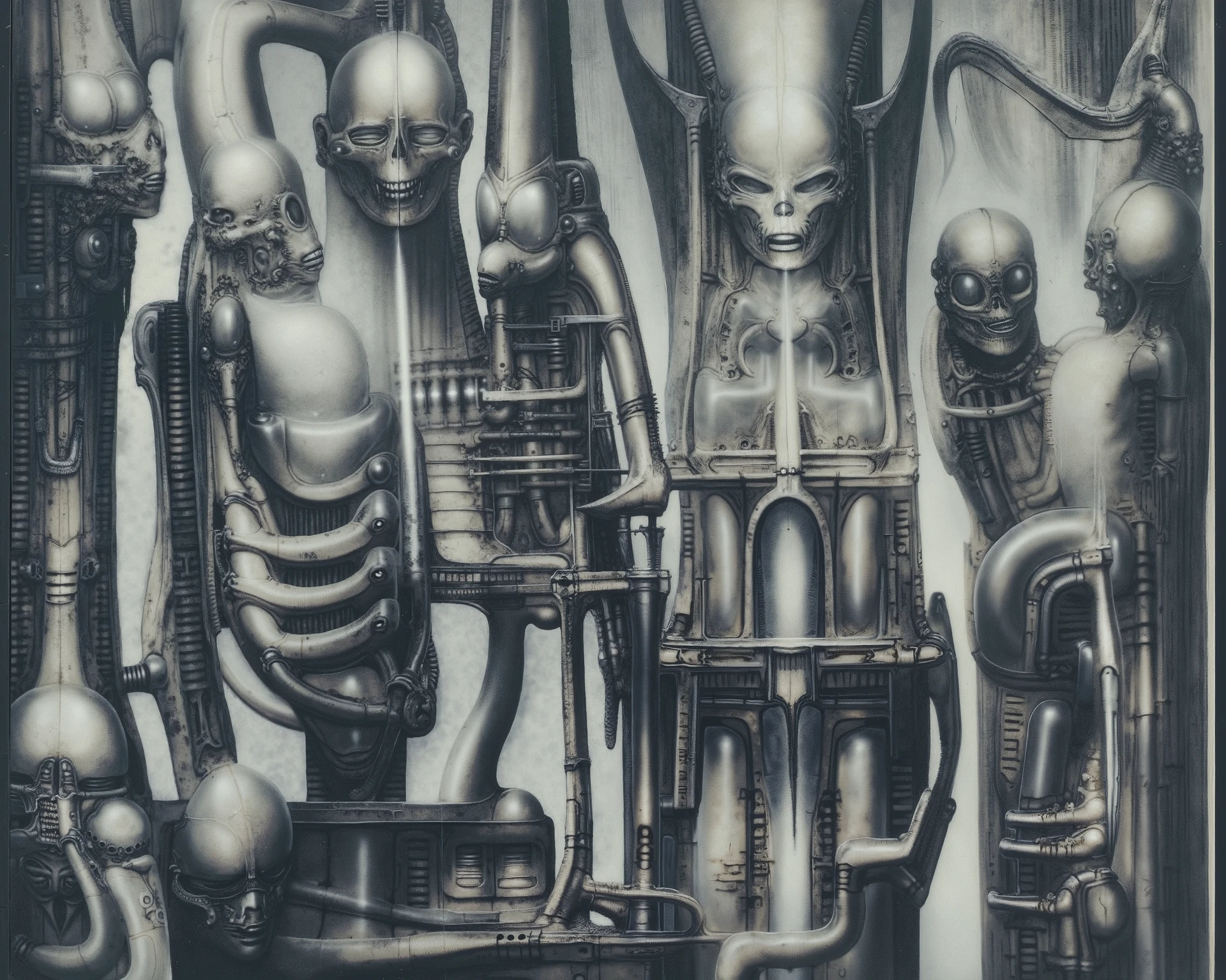 Please reproduce the original image as accurately as possible, capturing the intricate details of the biomechanical structures, the dramatic lighting, and the overall sense of unease. Find and enhance depiction of Giger's demons and creatures.(best quality:1.4). Use DARK BLACK COLORS.The final image should evoke the same sense of awe and dread as the original artwork by H.R. Giger,, (best quality:1.4), H.R. GIGER, BY GIGER