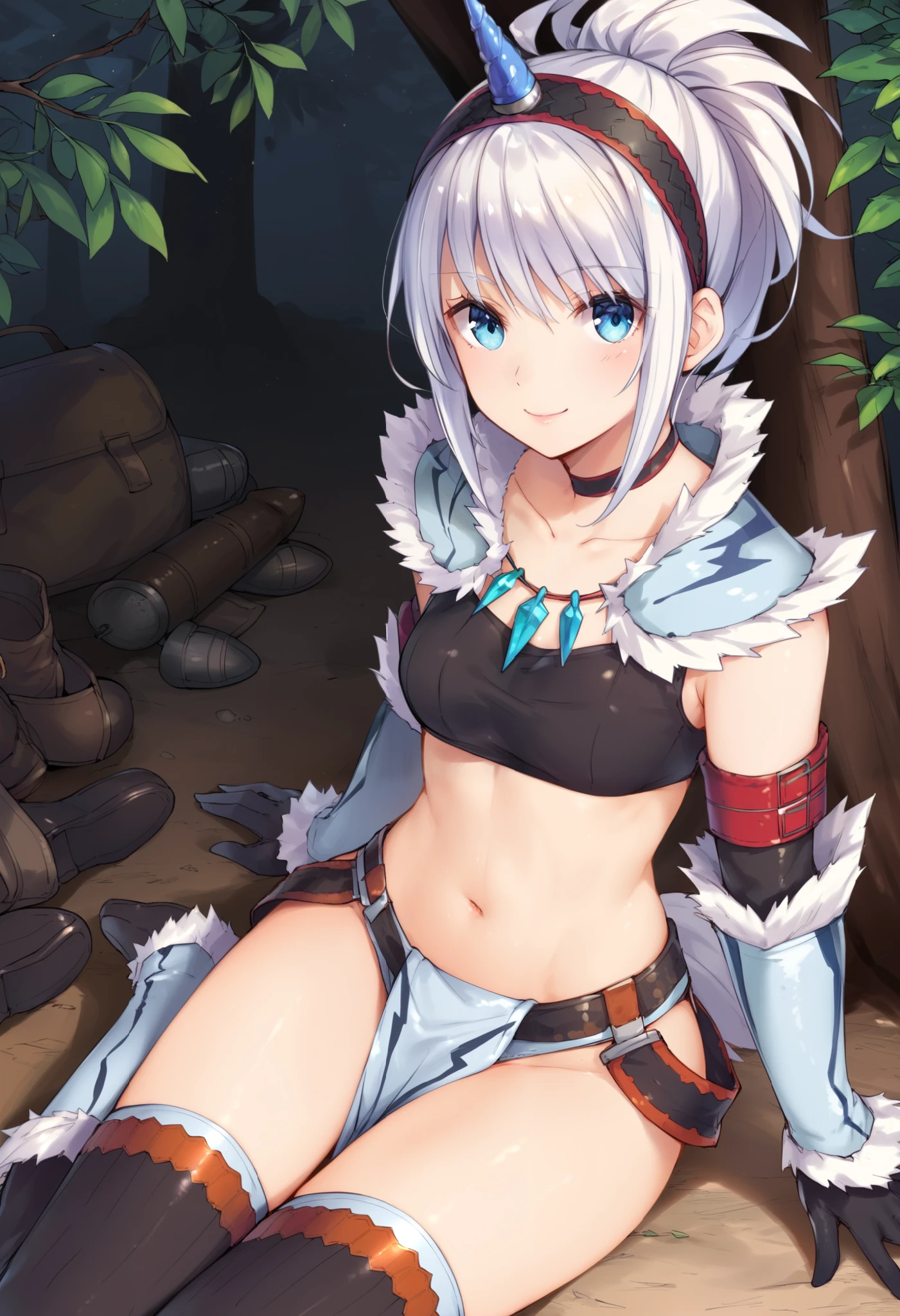 (score_9:0.9),score_8_up,score_7_up,rating_explicit,anime_style,(zPDXL),kirin beta armor,white single horn hairband,white detached sleeves,ung_girl,solo,blue eyes,looking at viewer,sitting,smile,plain_background,medium breasts,,closed mouth,collarbone,black bandeau,white loincloth,white_knee_boots, camp, campdire,black_knee_highs ,white_tubetop,open_legs,(abs:0.7),(white_spiky_hair:1.4),white_chest_armor,white_fur_waste_armor,