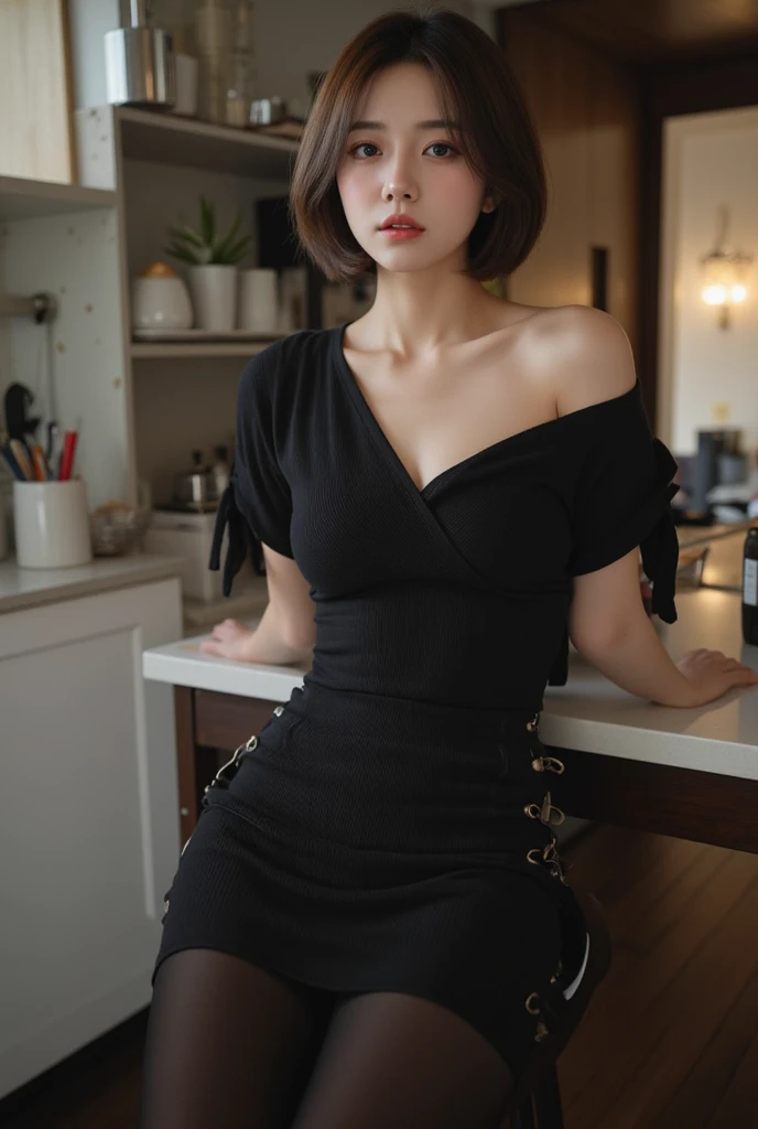 (Highest quality:1.4),(masterpiece:1.4),(Realistic:1.4),(Realistic:1.2),(超High resolution, RAW Photos:1.4),(High resolution, Very detailed:1.2),(8k:1.2),View your audience,Cinematography,One Girl,skeletally correct,Black-haired woman,(Small earrings,necklace,A form-fitting floral dress,Expose your shoulders,Long Flared Skirt,Beautiful body lines,View from the front),(Inside the Western-style building,Dimly lit room,The lamplight shines on my cheeks)