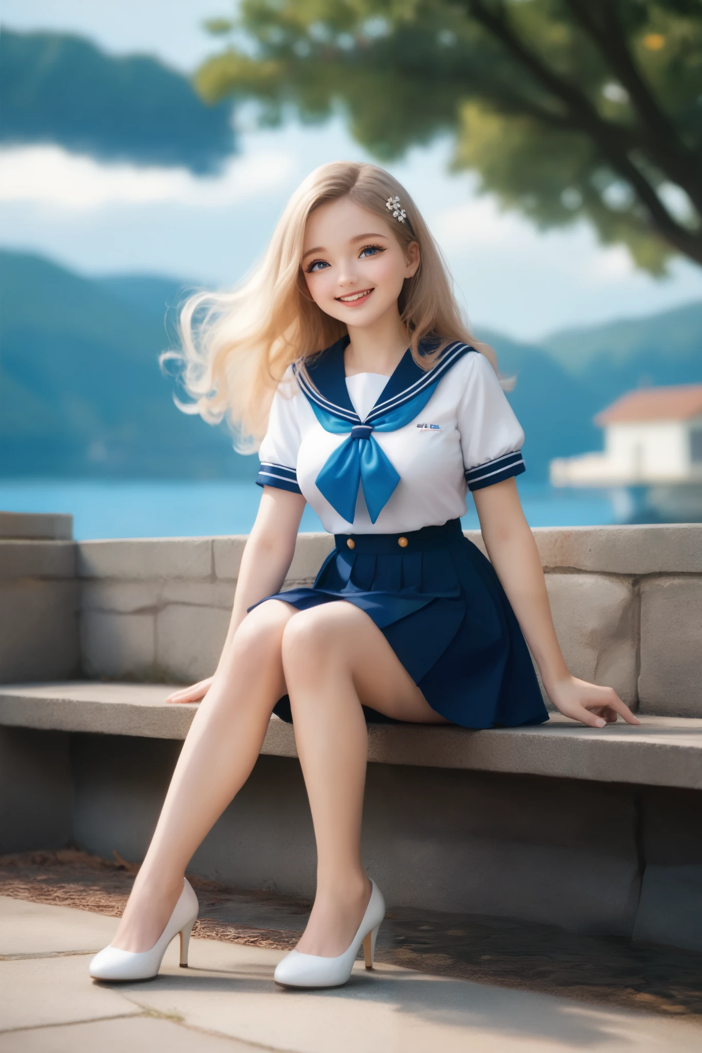 Perfect composition, Proper placement, Golden Ratio, masterpiece, best quality, high definition , one Girl, Cute (Girl:(loli:1.5), full body focus, full body shot, view the viewer, smiling, sitting, Wearing a Japanese High School Sailor Suit:1.331, Winter Short sleeve uniform , Blue ribbon, Anatomically Correct Ratio :1.331, has a small head :1.331, Curvy body:0.9, thin waist:1.331, Thin limbs:1.331, big breasts, Light Brown Hair, wavy long hair, bare legs, white pin high heels, Summer evening, Sunny, outdoor, Lake side, old blurry photos, Faded photos , Light and Shadow, Movie Lighting,