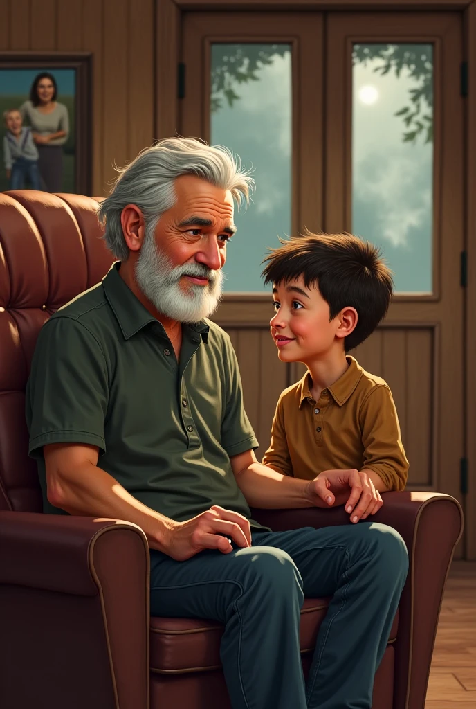 Old man was sitting with a boy under a big tree. It is a garden of a house