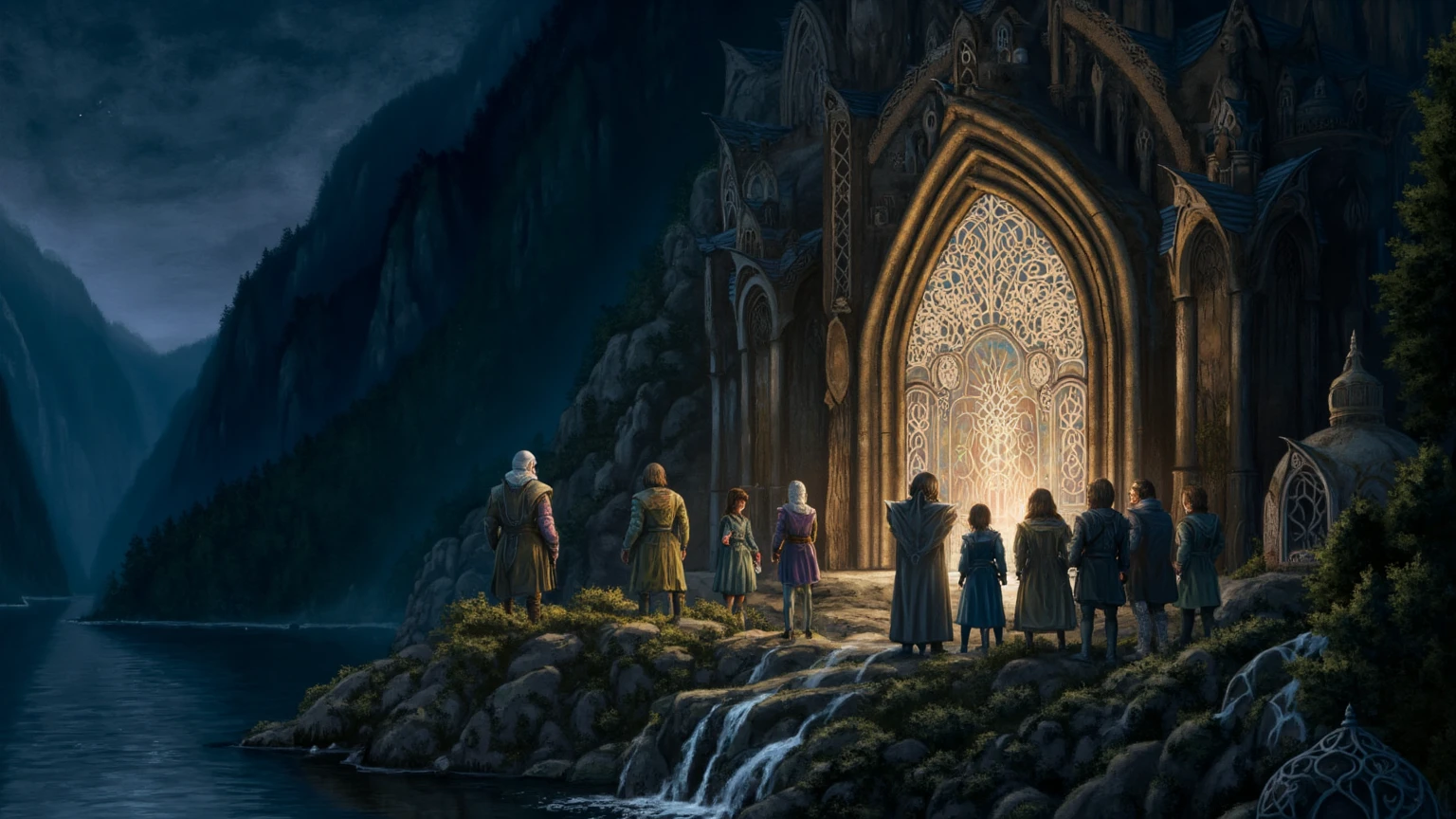 Create a cinematic photorealistic image of an ancient, mystical stone door embedded in a mountainside, glowing with intricate Elven runes as it is activated by the word "Mellon." The door is framed by towering, weathered rock, with faint traces of ivy and moss creeping along its edges. Delicate silver lines form an elaborate design, including a crescent moon, trees, and a crown, all shining with an ethereal light.

Gandalf, cloaked and holding his staff, stands before the door, his face illuminated by the soft glow of the runes. Behind him, the remaining Fellowship of eight companions—including four hobbits—watches intently. Frodo, Sam, Merry, and Pippin stand close together, their expressions a mix of wonder and unease. Aragorn and Boromir remain alert, while Legolas, Gimli, and a wary-looking Gandalf focus on the doorway. The night sky is deep and star-speckled, casting a quiet, mysterious atmosphere. The still water of the nearby lake reflects the door’s luminescence, adding to the scene’s sense of magic and ancient power.