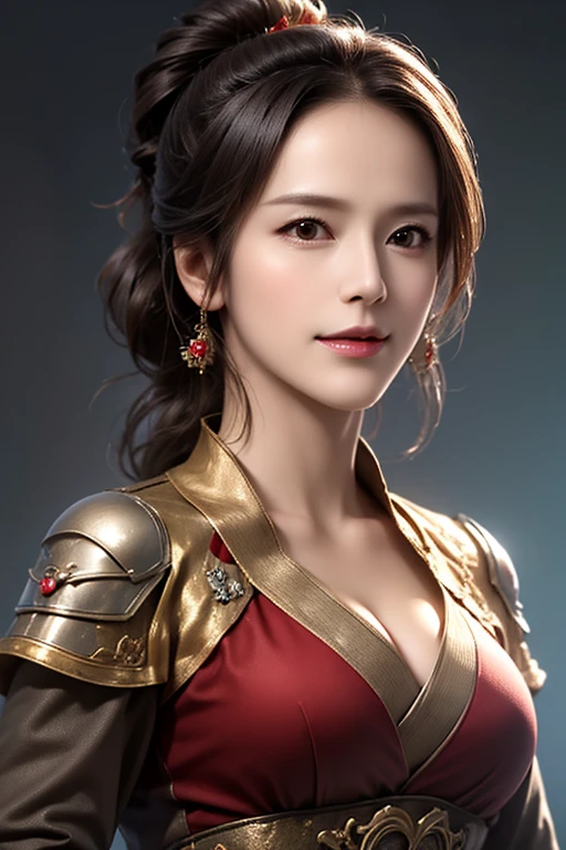 Chinese girl,Finely engraved picture section,Detail the eyes,Crimson cape, metal pauldron,Metal armor,Breasts are full and erect,Gold hairband,majestic,Smile(open mouth)(The corners of the mouth are raised),、(Hair in a bun:1.5),(Hair bun raised high)。wilderness background(grassland background)