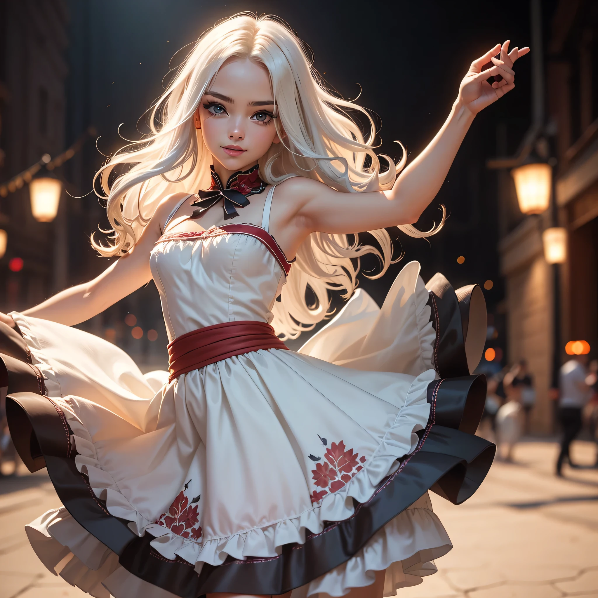 Long white curly hair, pale brown eyes, short, adorable, Kawaii, cherubic features, plump lips, Hispanic, Wearing a Mexican dress, dancing, Latina, Long White curls, has pale brown eyes, a wearing Hispanic dress, White hair, anime, dancing, young woman, dancing, excited and dressed hot, hot and beautiful, 1girl, Solo, High Resolution, Long Hair, Very Long Hair, white hair, sexy, white hair, long curly white hair, High Resolution, beautiful, dancing, smirk, Solo, 1girl, High Details, High Quality, Retina, Detail, one person, wearing Mexican dress,