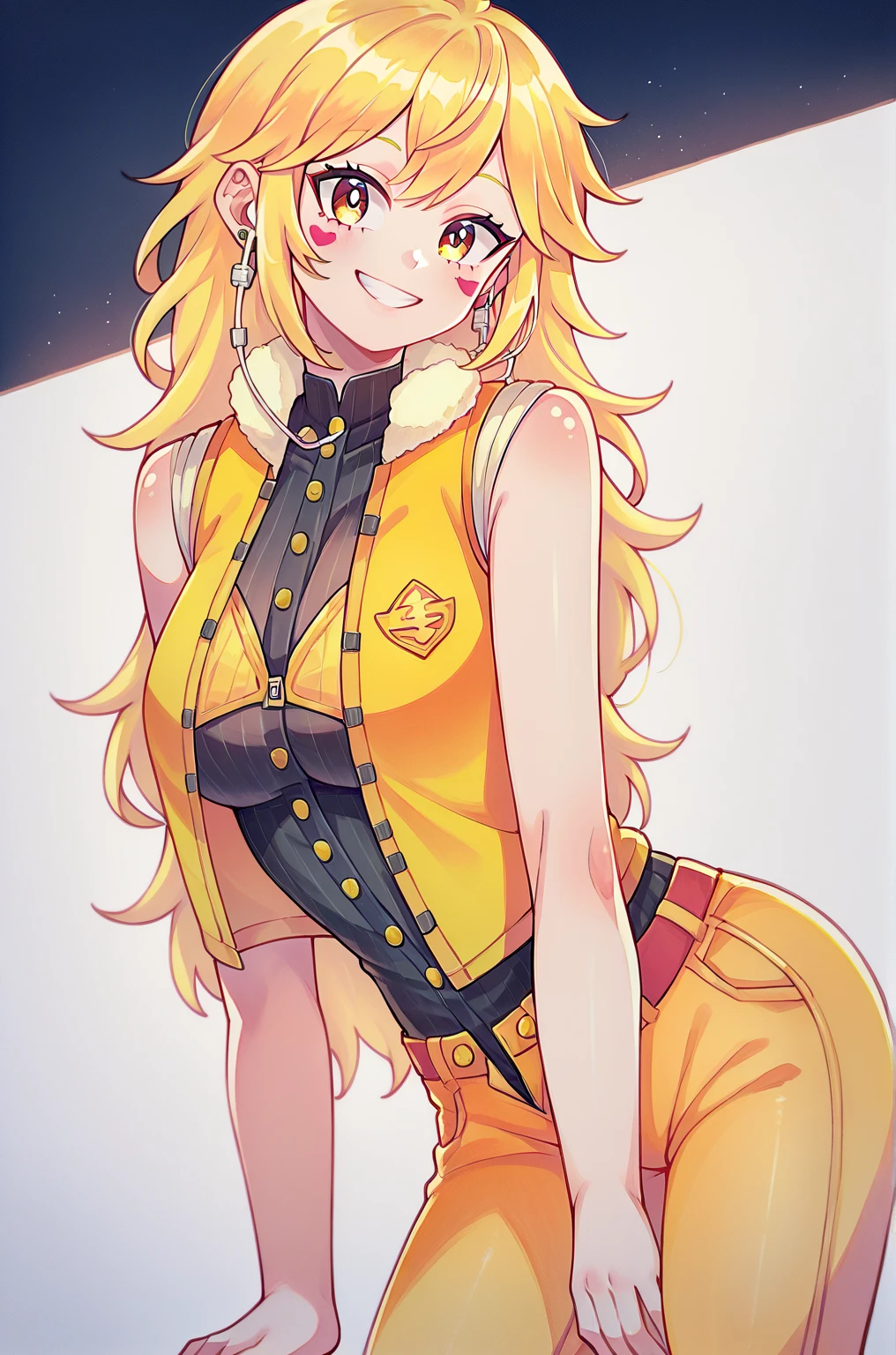 cartoon of a she devil, horns on head, in a yellow shirt, white panties, cheerleader, red skin, full color illustration, comic pinup style, J Scott Campbell style
