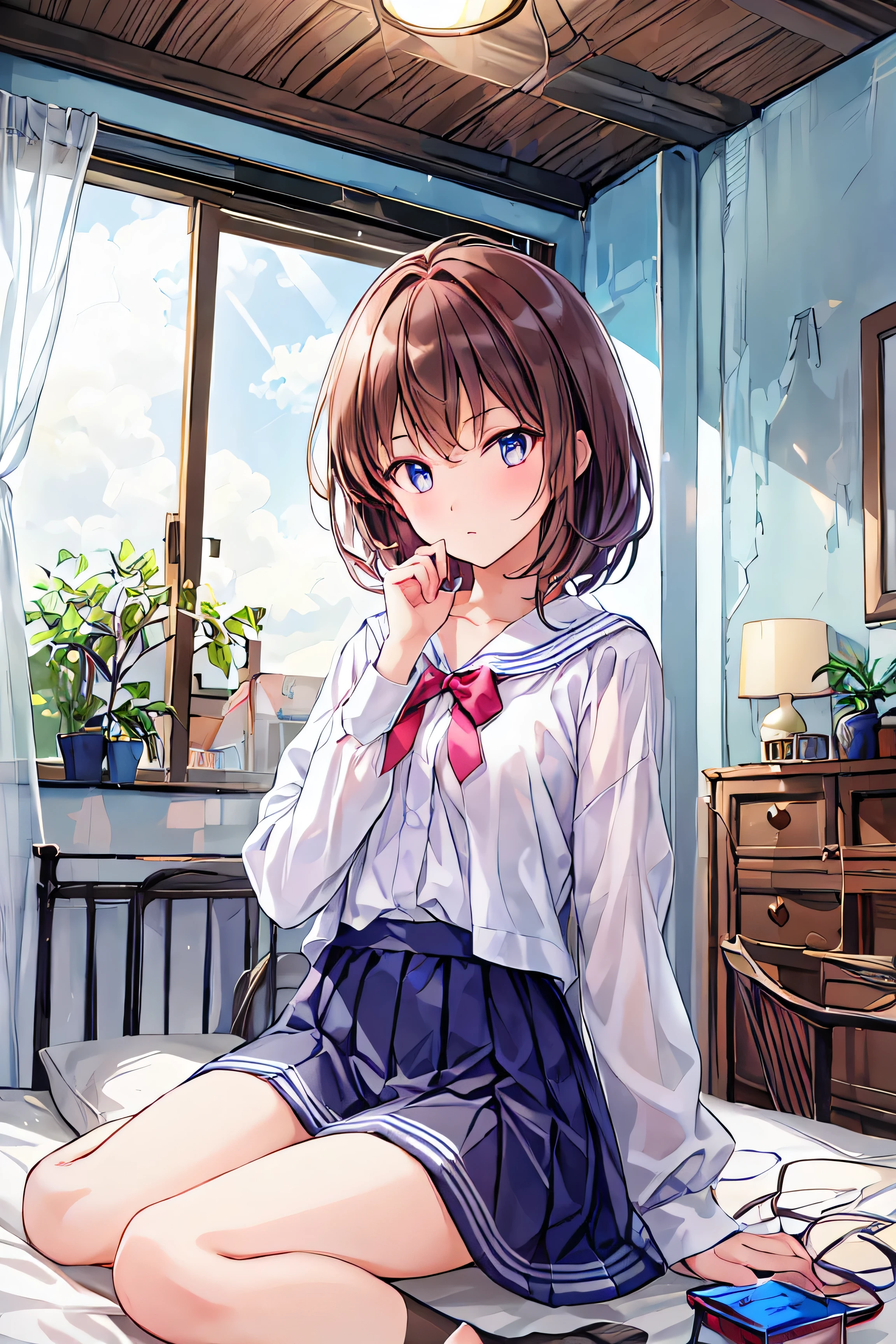 Anime girl sitting on bed with cell phone in hand - SeaArt AI