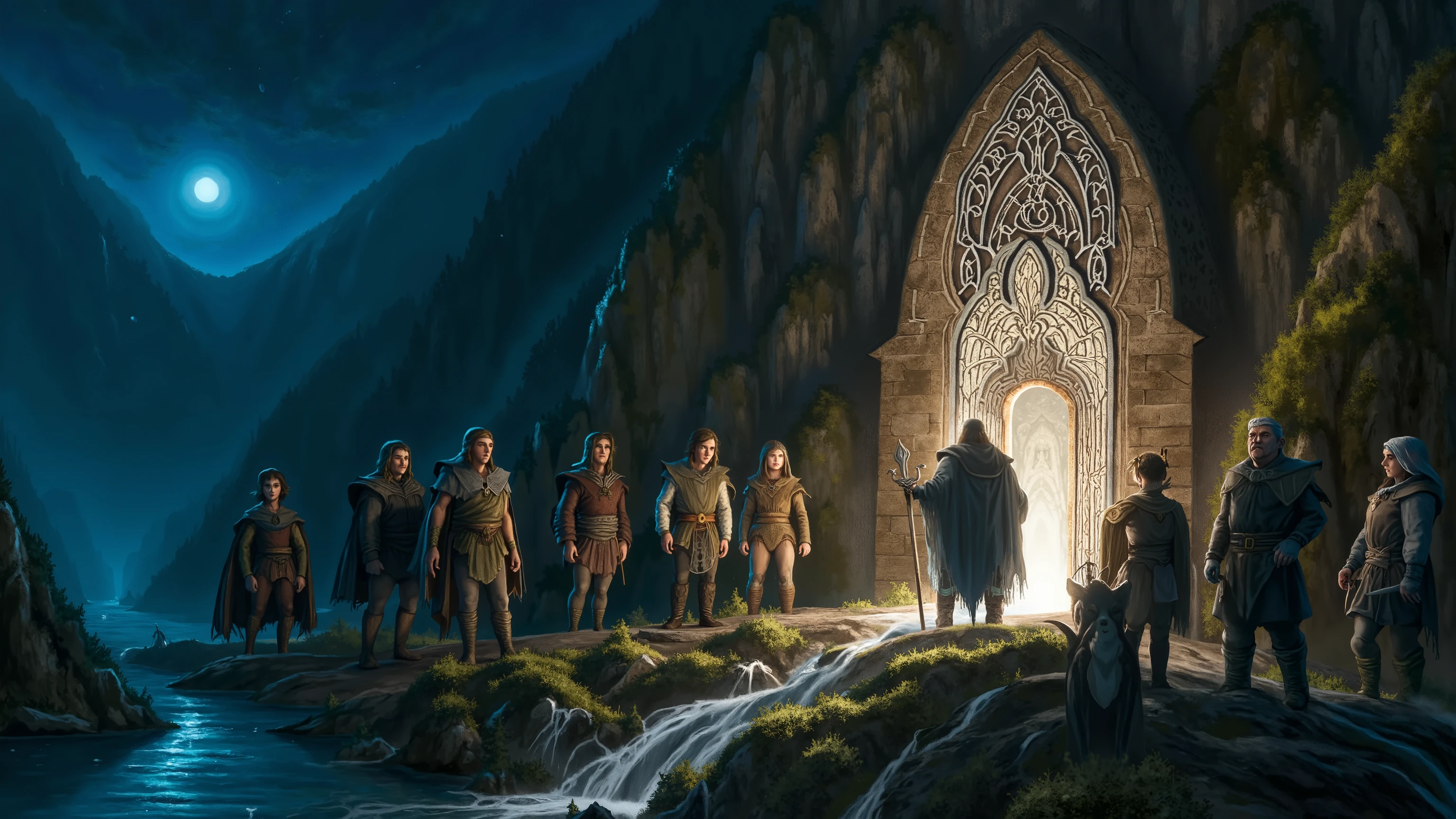 Create an image of an ancient, mystical stone door embedded in a mountainside, glowing with intricate Elven runes as it is activated by the word "Mellon." The door is framed by towering, weathered rock, with faint traces of ivy and moss creeping along its edges. Delicate silver lines form an elaborate design, including a crescent moon, trees, and a crown, all shining with an ethereal light.

Gandalf, cloaked and holding his staff, stands before the door, his face illuminated by the soft glow of the runes. Behind him, the remaining Fellowship of eight companions—including four hobbits—watches intently. Frodo, Sam, Merry, and Pippin stand close together, their expressions a mix of wonder and unease. Aragorn and Boromir remain alert, while Legolas, Gimli, and a wary-looking Gandalf focus on the doorway. The night sky is deep and star-speckled, casting a quiet, mysterious atmosphere. The still water of the nearby lake reflects the door’s luminescence, adding to the scene’s sense of magic and ancient power.