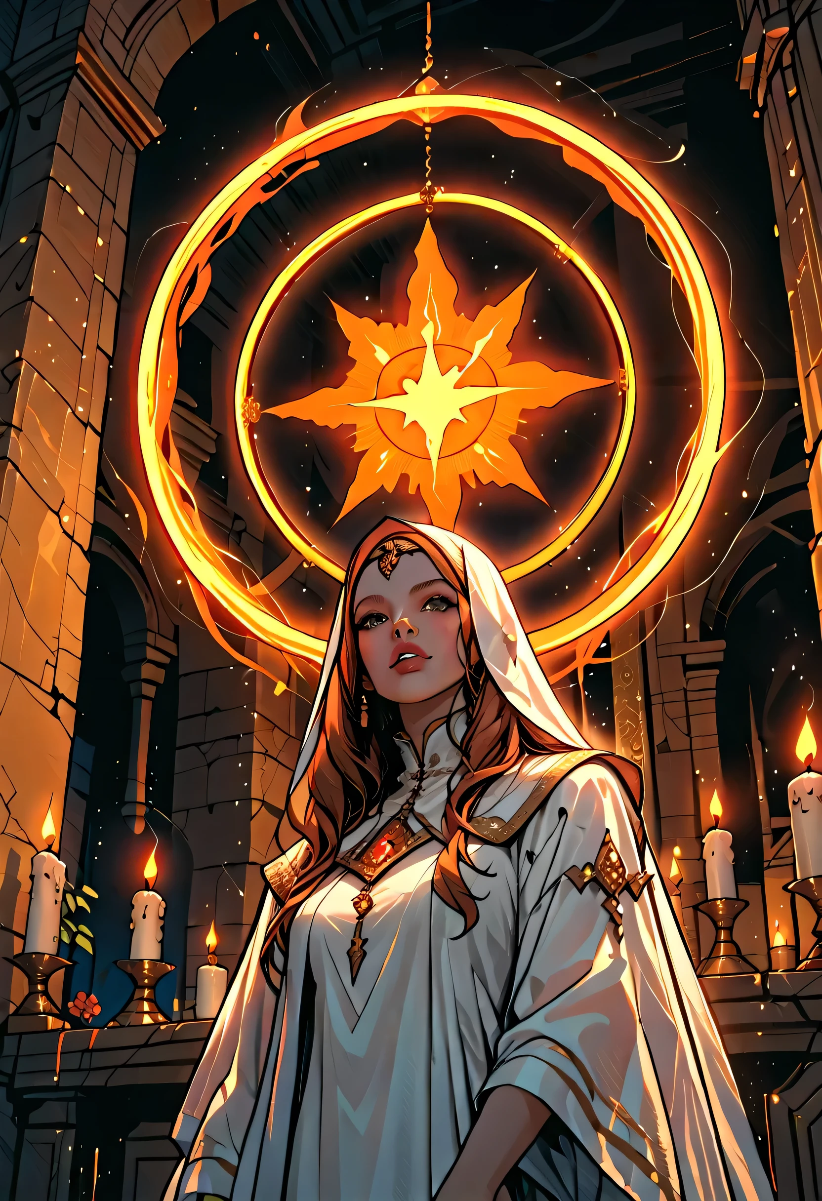score_9, score_8_up, score_7, high details, best quality, 16k, [best detailed], masterpiece, best quality, (extremely detailed), a view of an priestess looking through a portal onto celestial heaven, there are heavenly clouds, distant stars, nebulas, coming from the portal, the portal glows with magical runes, fiery runes, there are candles the light the room, intricate details, dungeon and dragon, fantasy