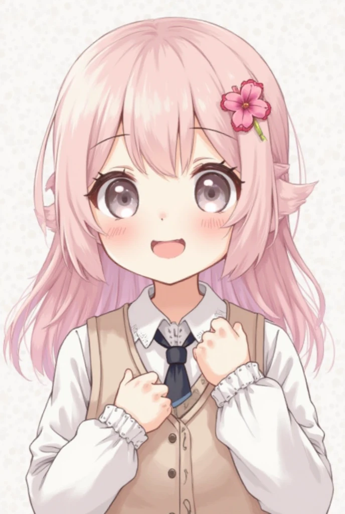 This girl has a delicate and endearing charm, with a look that refers to a style "kawaii" (fofo) from anime. her hair is long, soft and slightly wavy , with a pastel shade of light pink that transmits a sweet and dreamy aura. A long, divided fringe partially covers your face, falling softly over her eyes and cheeks.
An enchanting detail is the pink flower clip placed on the right side of the head, giving a floral and spring touch to your appearance. Furthermore, a curved lock adorns the top of your head, an element that reinforces the cute and lively aesthetic of the character.
Her eyes are large , expressive and slightly closed, with eyelashes delicate and a soft shine that transmits sympathy and restrained joy. in a grayish or light brown tone, contrasting softly with the pink hair. Small freckles are scattered on your cheeks, , which adds a unique charm and a touch of realism and innocence to her expression.
Her cheeks have a slight blush, suggesting shyness or enthusiasm, body and face expression and your open mouth in a small smile reinforce that sense of enchantment and pleasant surprise. Your left hand is raised close to your chest, with delicately extended fingers, as if she were laughing softly or surprised in a positive way.
She wears a white long-sleeved shirt with detailed cuffs and a classic collar. Over the shirt, there is a light beige vest with straps that put on her shoulders, recalling a school uniform or vintage school style. A dark tie or ribbon, in a black or navy blue tone, It is attached to the collar, offering a slight contrast with the clear set.
Around the neck, she wears a simple black necklace, adding a modern and subtly daring touch to your style, without breaking the predominant sweetness. Her entire set of colors revolves around soft tones — pink, White , beige and light gray — making up a delicate palette make 4 variations