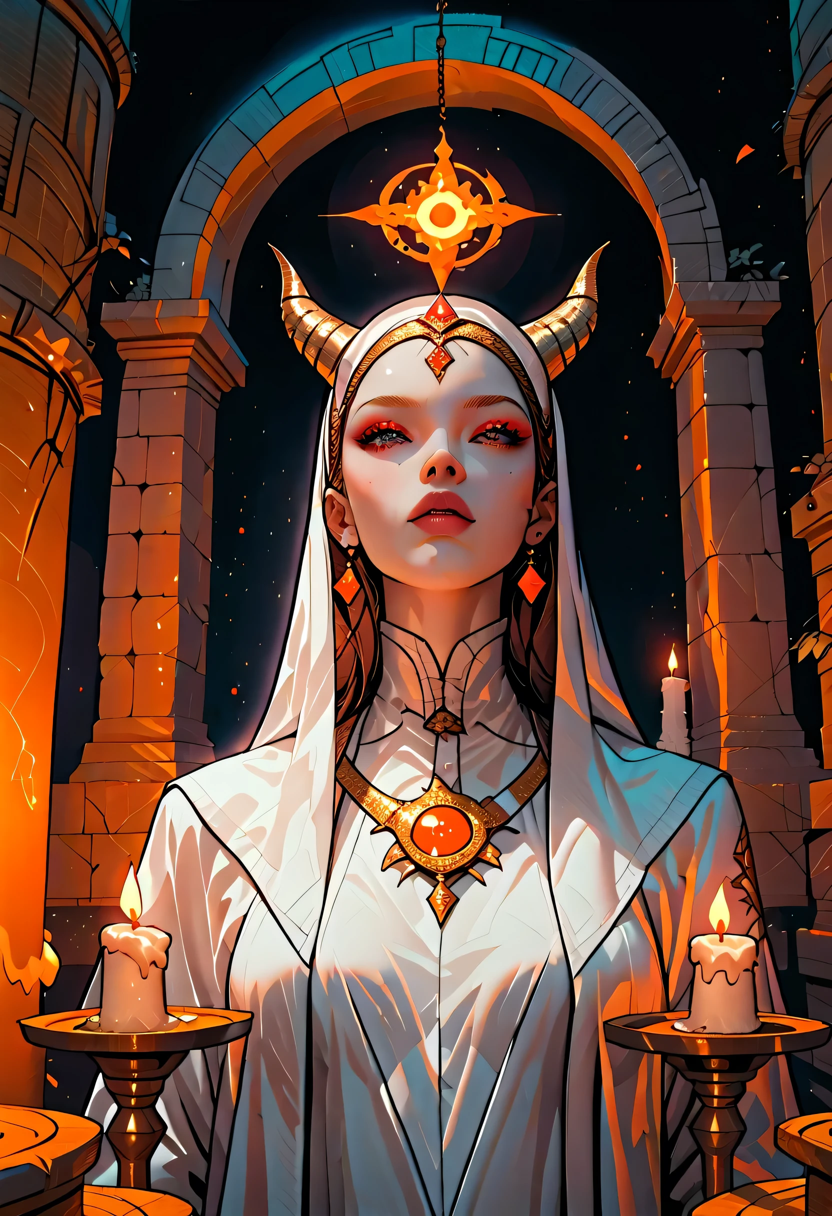 score_9, score_8_up, score_7, high details, best quality, 16k, [best detailed], masterpiece, best quality, (extremely detailed), a view of an priestess looking through a portal onto celestial heaven, there are heavenly clouds, distant stars, nebulas, coming from the portal, the portal glows with magical runes, fiery runes, there are candles the light the room, intricate details, dungeon and dragon, fantasy