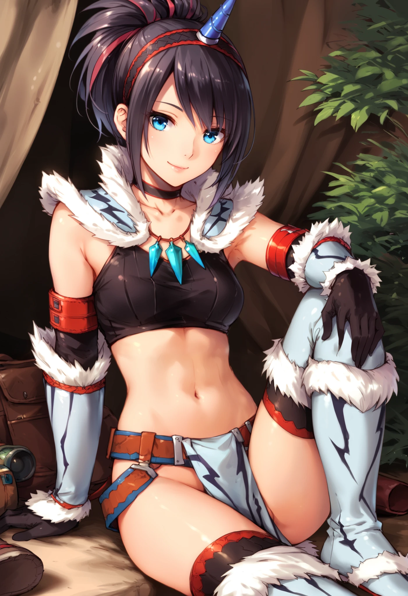 (score_9:0.9),score_8_up,score_7_up,rating_explicit,anime_style,(zPDXL),kirin beta armor,white single horn hairband,white detached sleeves,1young_girl,solo,blue eyes,looking at viewer,sitting,smile,plain_background,medium breasts,,closed mouth,collarbone,black bandeau,white loincloth,BLAKE,medium_breasts,white_knee_boots, camp, campdire,black_knee_highs ,white_tubetop,open_legs,(abs:0.7),(white_spiky_hair:1.4),white_chest_armor,white_fur_waste_armor,